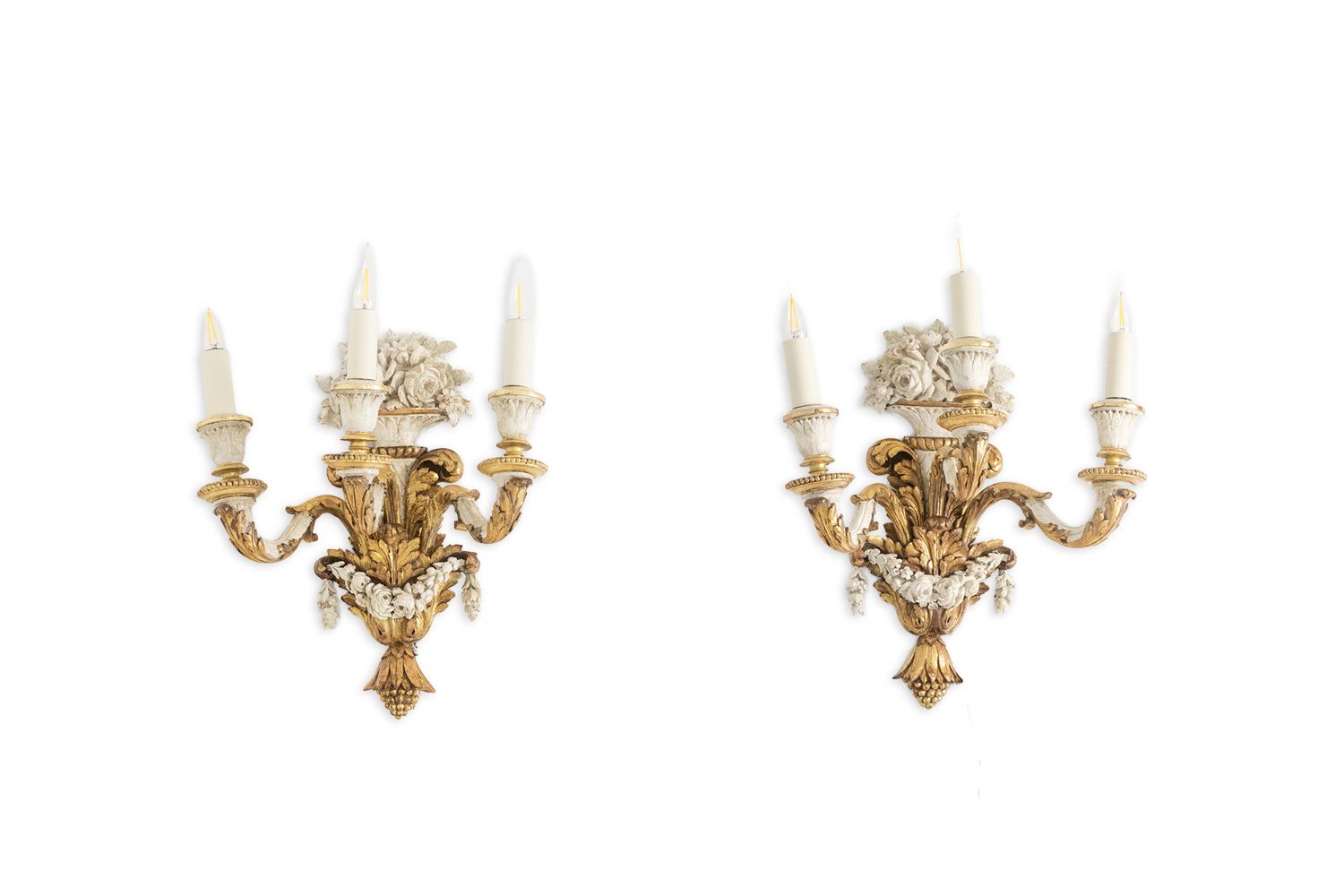 Pair Of Louis XVI Style Wall Lights In Gilded And Lacquered Wood. Circa 1900.