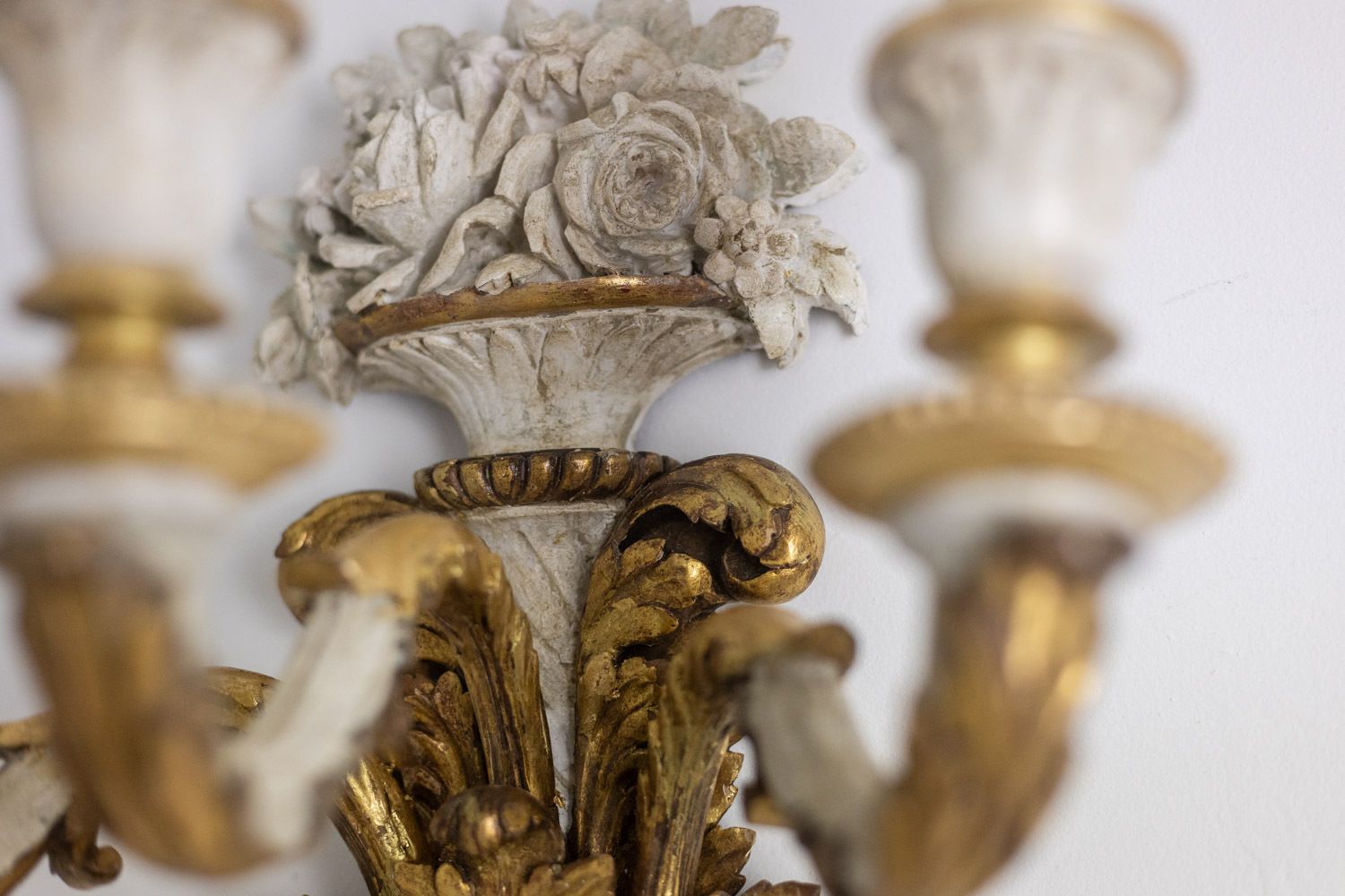 photo for sale Pair Of Louis XVI Style Wall Lights In Gilded And Lacquered Wood. Circa 1900.