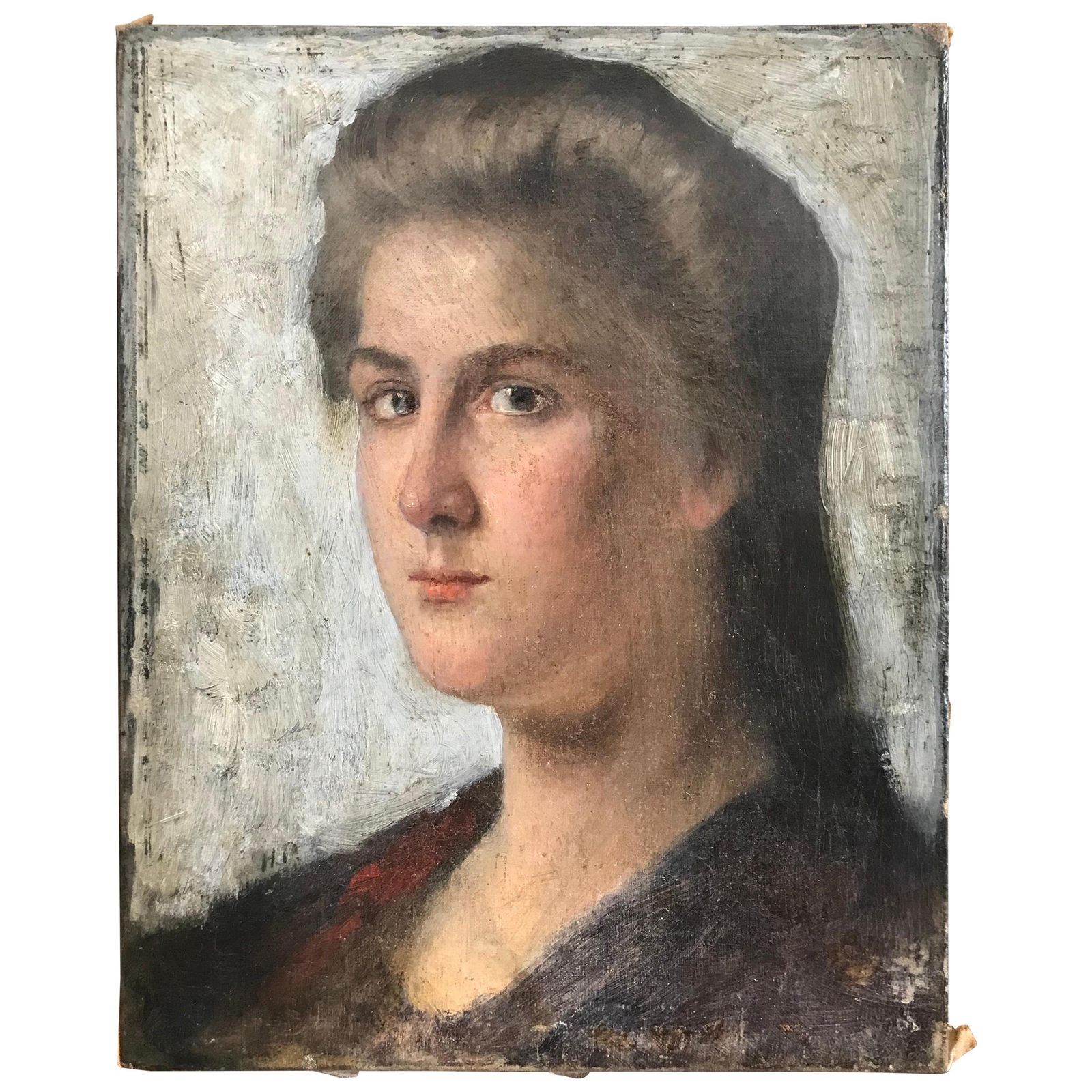 Striking Oil On Canvas Portrait Of A Young Lady