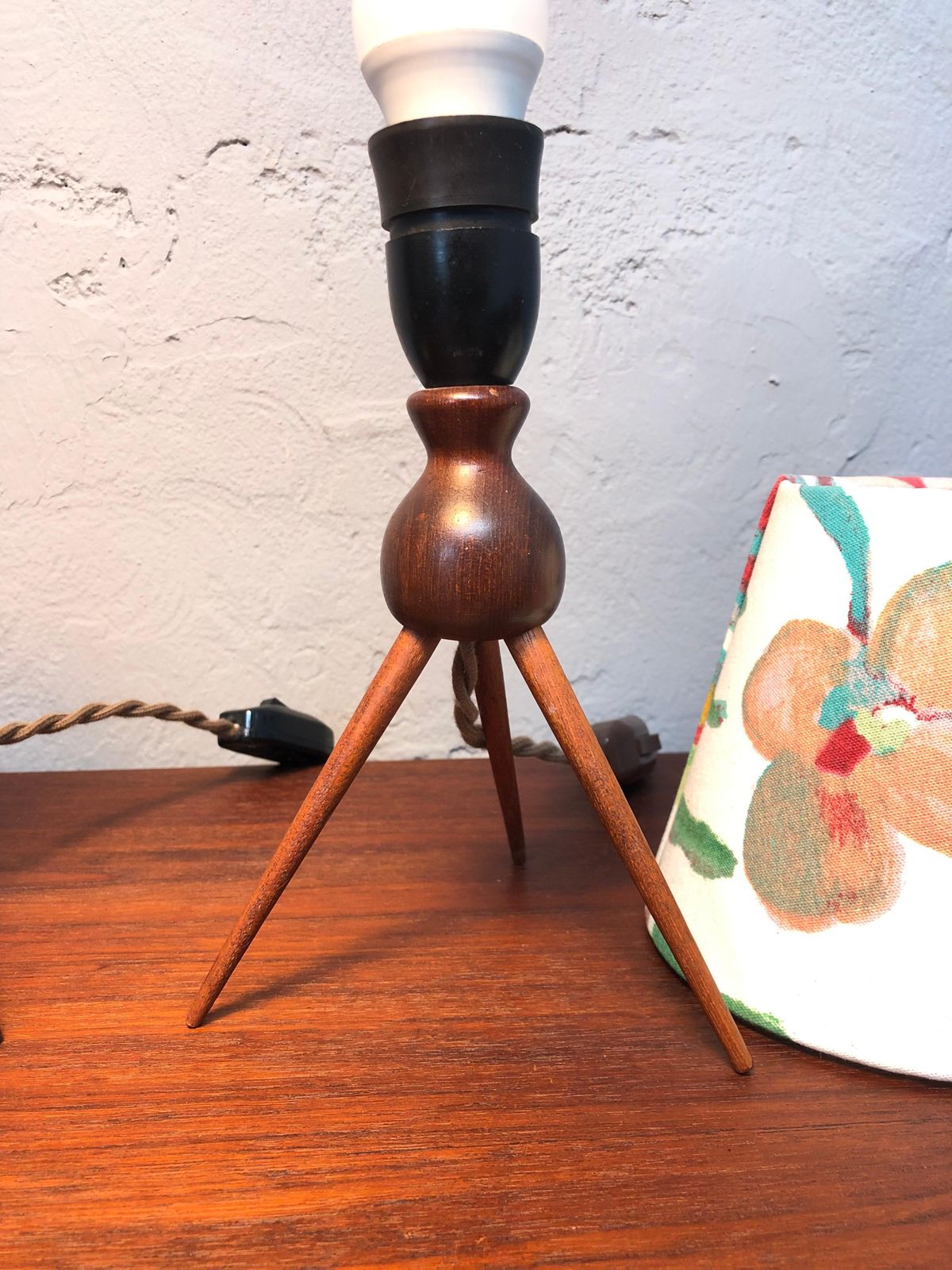 photo for sale A Vintage Pair Of Danish Mid Century Modern Teak Table Lamps Shades Included