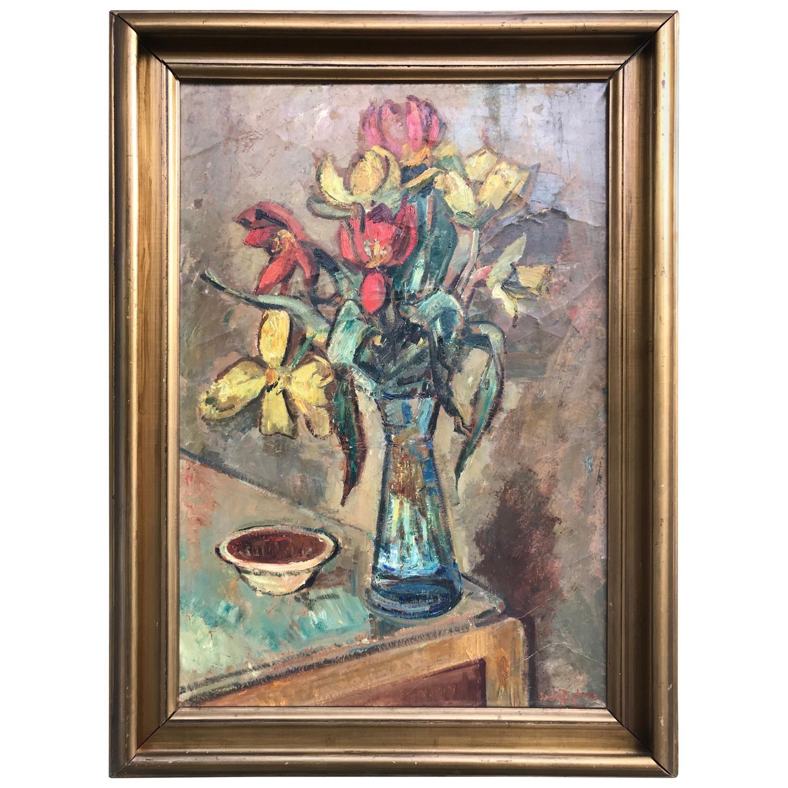 Large Beautiful Oil On Canvas Of A Flower Setup From 1936 By Ludvig Jacobsen