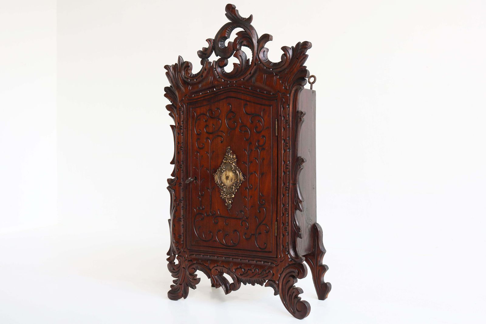 Antique French Renaissance Revival Richly Carved Wall Cabinet 19th Century Brass photo vinterior