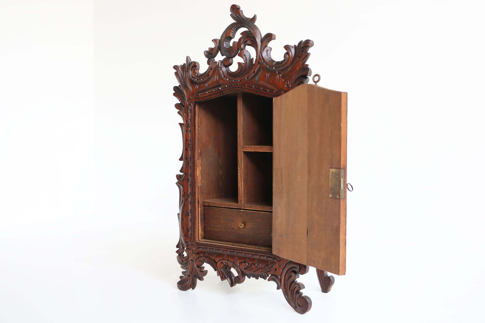 Antique French Renaissance Revival Richly Carved Wall Cabinet 19th Century Brass photo vintage