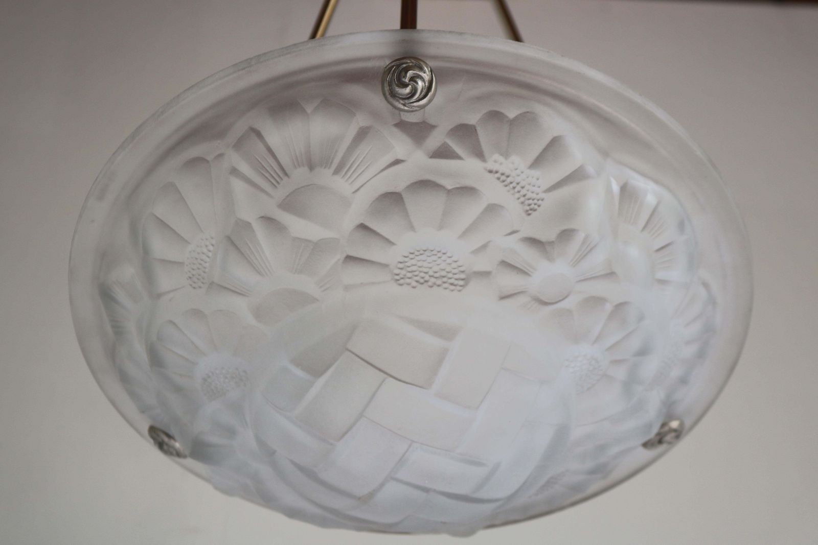 Art Deco Pendant / Chandelier By David Gueron Degue 1930 Frosted Glass White photo for sale