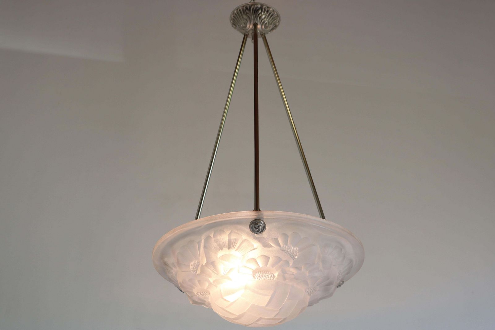 Art Deco Pendant / Chandelier By David Gueron Degue 1930 Frosted Glass White photo 1360.0