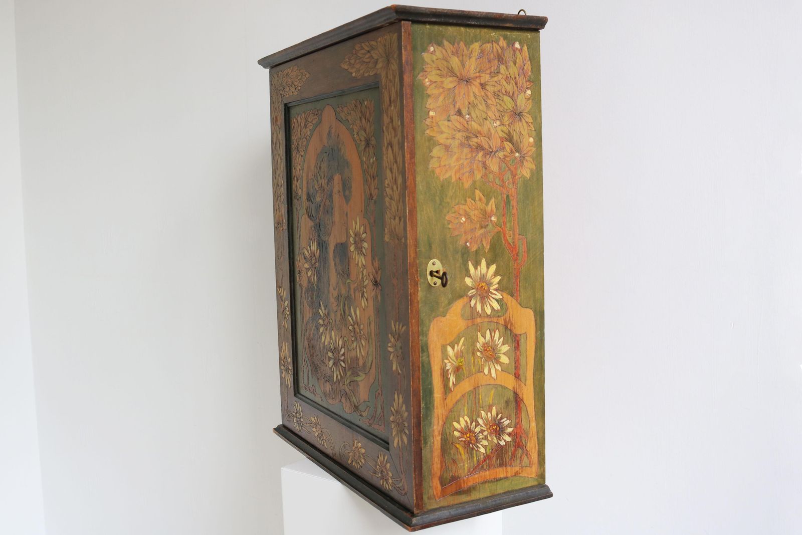 photo for sale French Art Nouveau Wall / Hanging Cabinet Attributed To Alphonse Mucha 1900 Wood