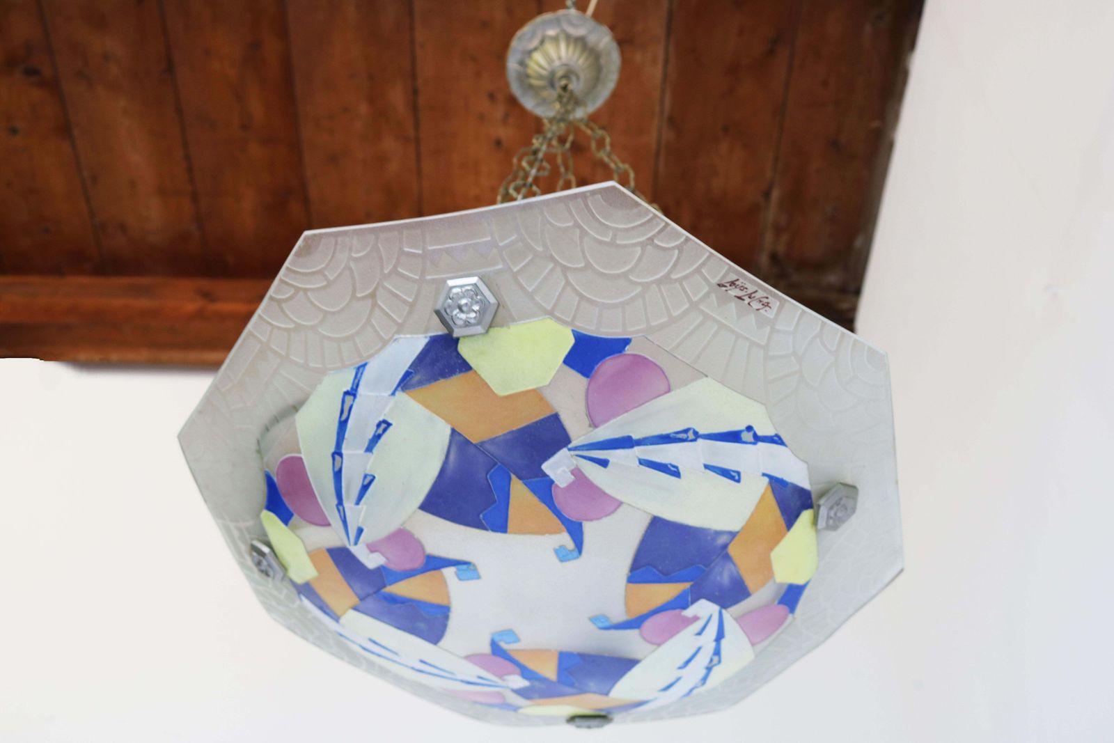 Art Deco Chandelier / Pendant By Loys Lucha French Antique Geometric 1930 Enamel photo vinterior