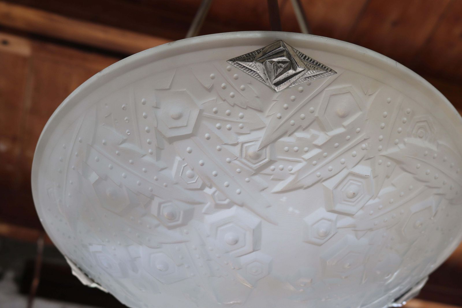 Antique French Art Deco Pendant / Chandelier By Muller Freres White Glass 1930 photo vintage