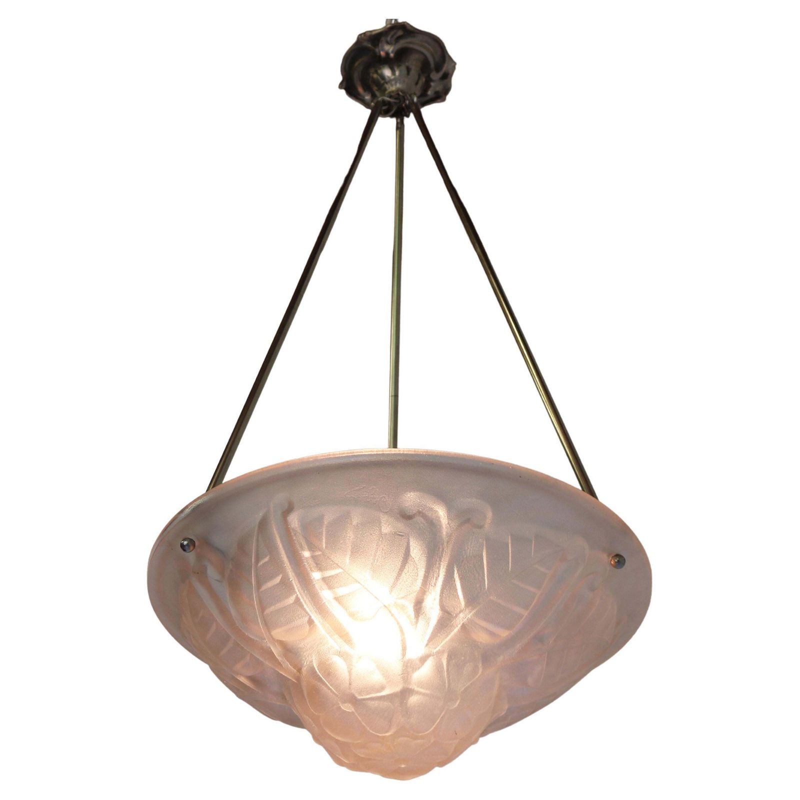 Antieke Art Deco / Art Nouveau Bloemmotief Hanglamp Van Degué, 1930, Zachtroze