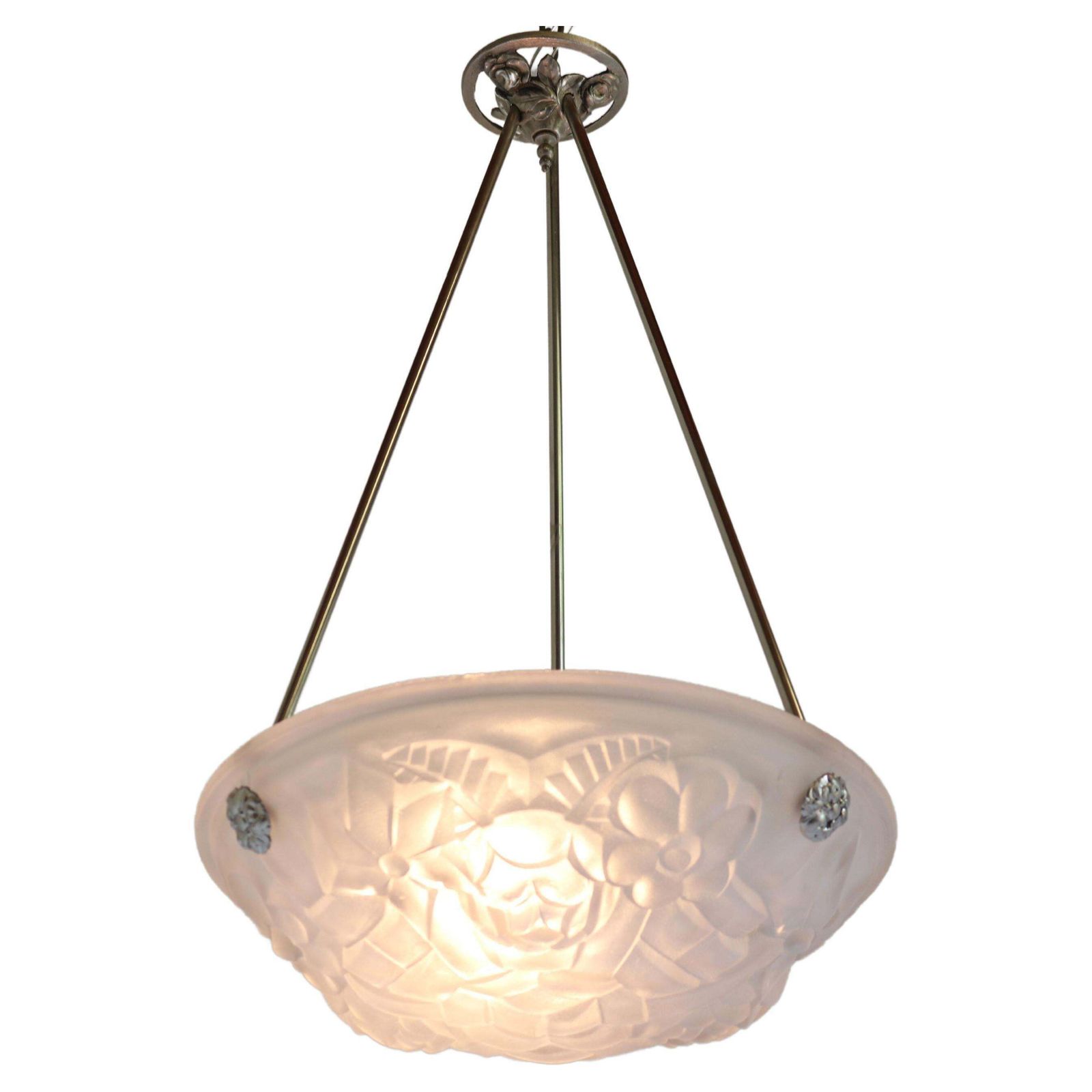 Art Deco Hanglamp / Kroonluchter Van David Gueron Degue, 1930, Bloemmotieven, Matglas