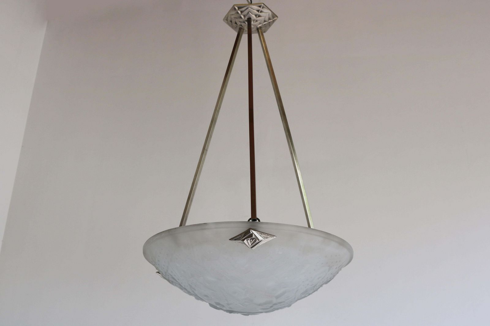1573.0 Antique French Art Deco Pendant / Chandelier By Muller Freres White Glass 1930 photo