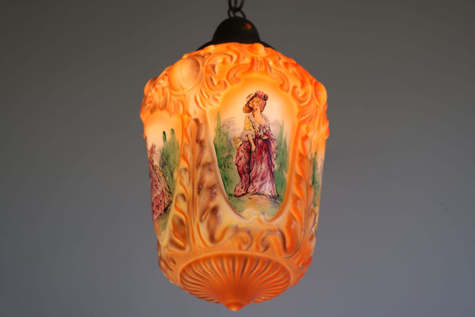 Antique French 1910 Hand Painted Opaline Victorian Pendant Light Renaissance photo furniture