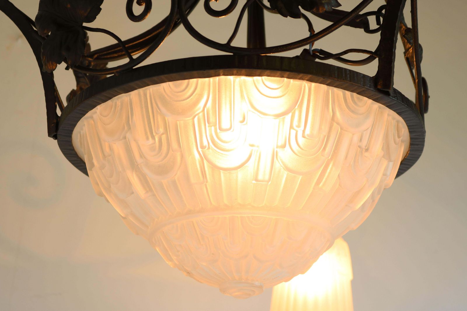 French Antique Wrought Iron Art Deco Chandelier 1930 Frosted Glass Geometric photo furniture
