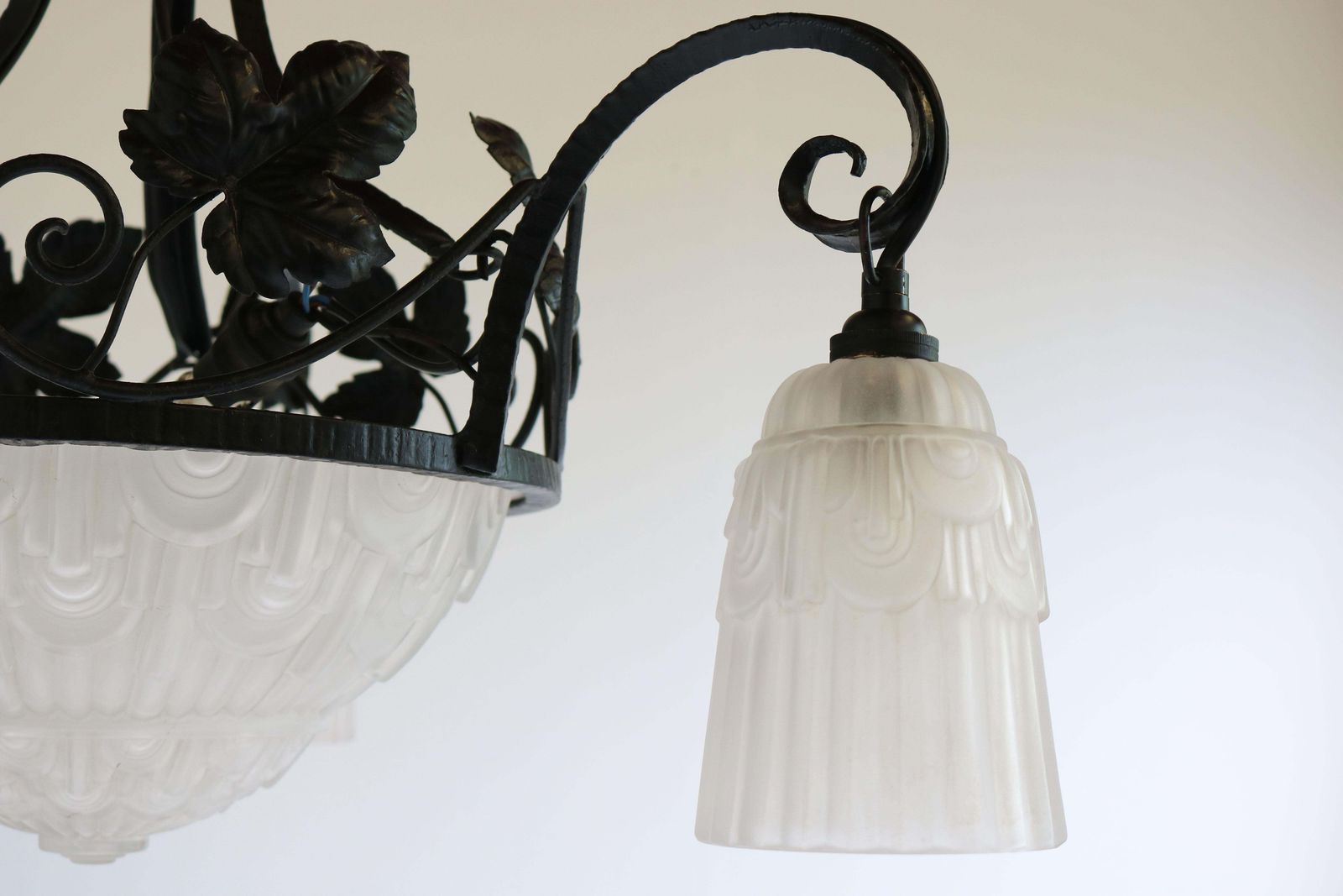 French Antique Wrought Iron Art Deco Chandelier 1930 Frosted Glass Geometric photo 1616.0