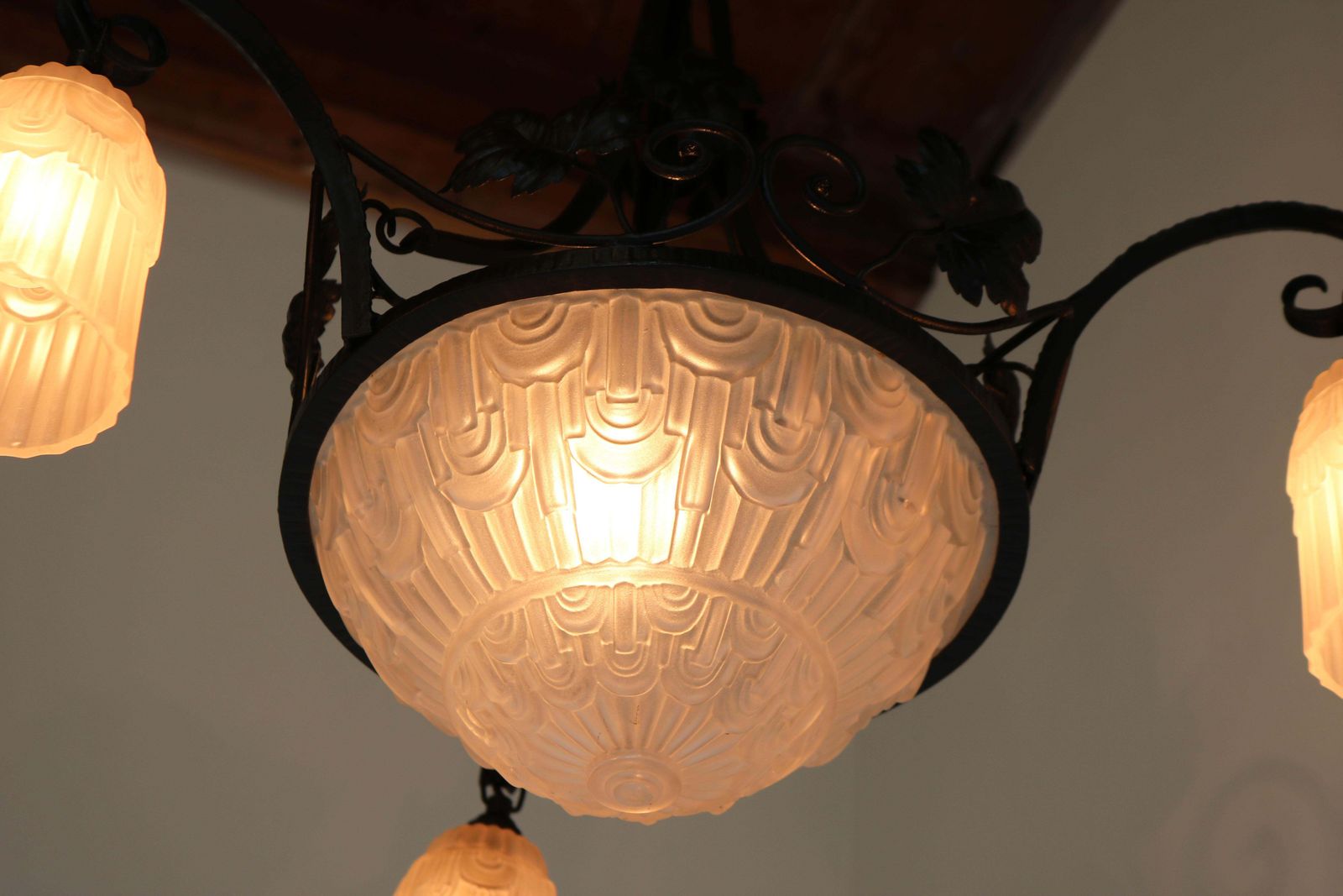 photo buy French Antique Wrought Iron Art Deco Chandelier 1930 Frosted Glass Geometric