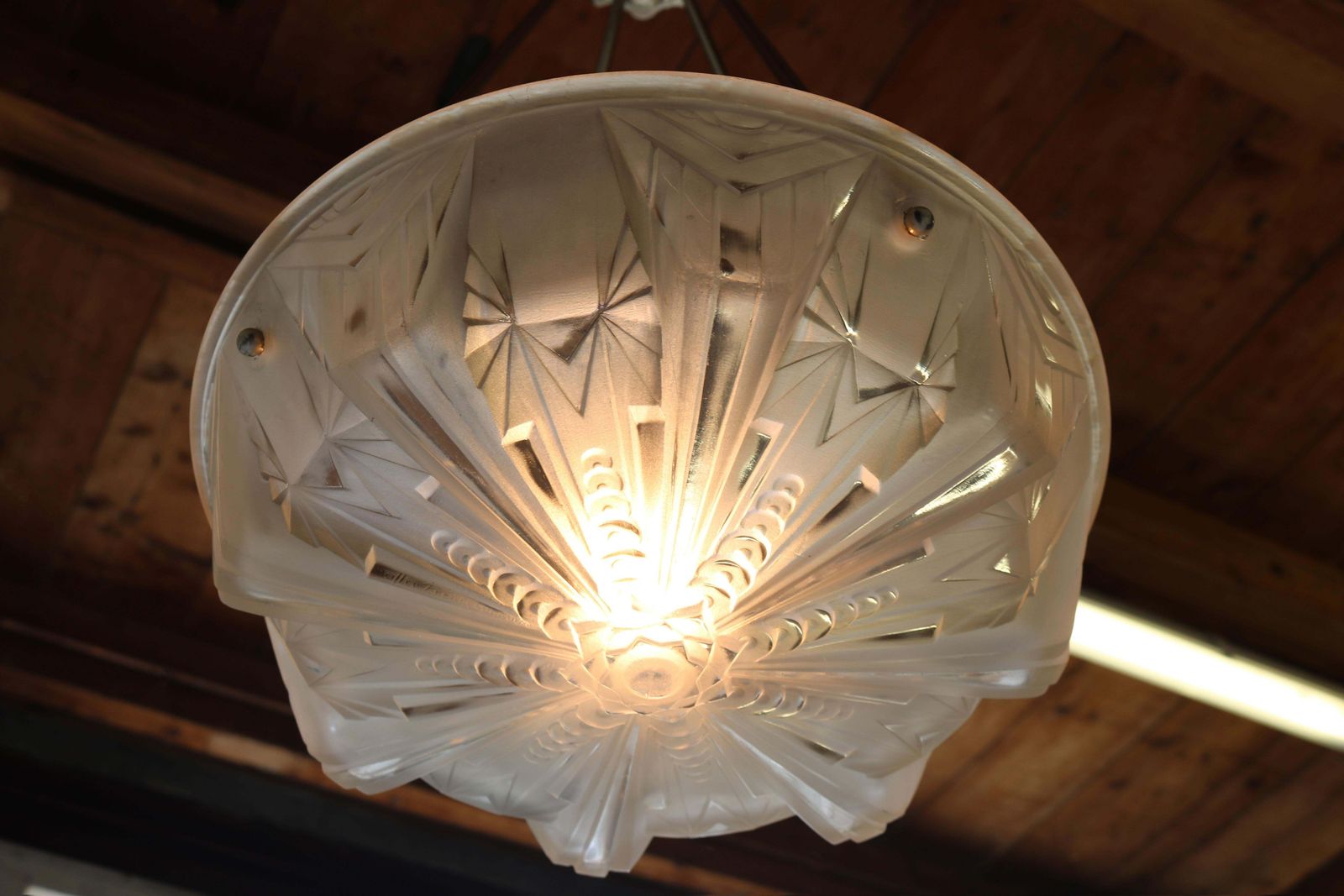 Geometrische Art Deco Hanglamp / Kroonluchter, 1930, Frankrijk, Muller Frères Luneville photo buy