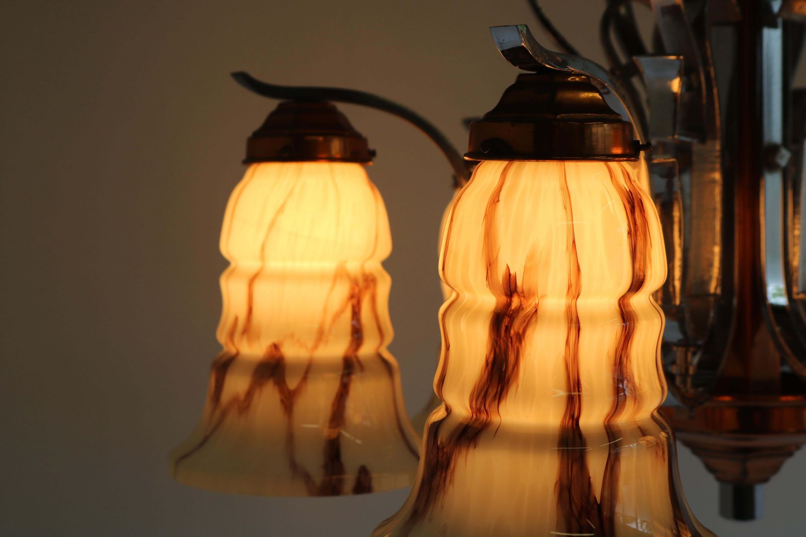 Antique French Art Deco Chandelier 1930 Copper Chrome & Marbled Glass 6 Lights photo Lighting
