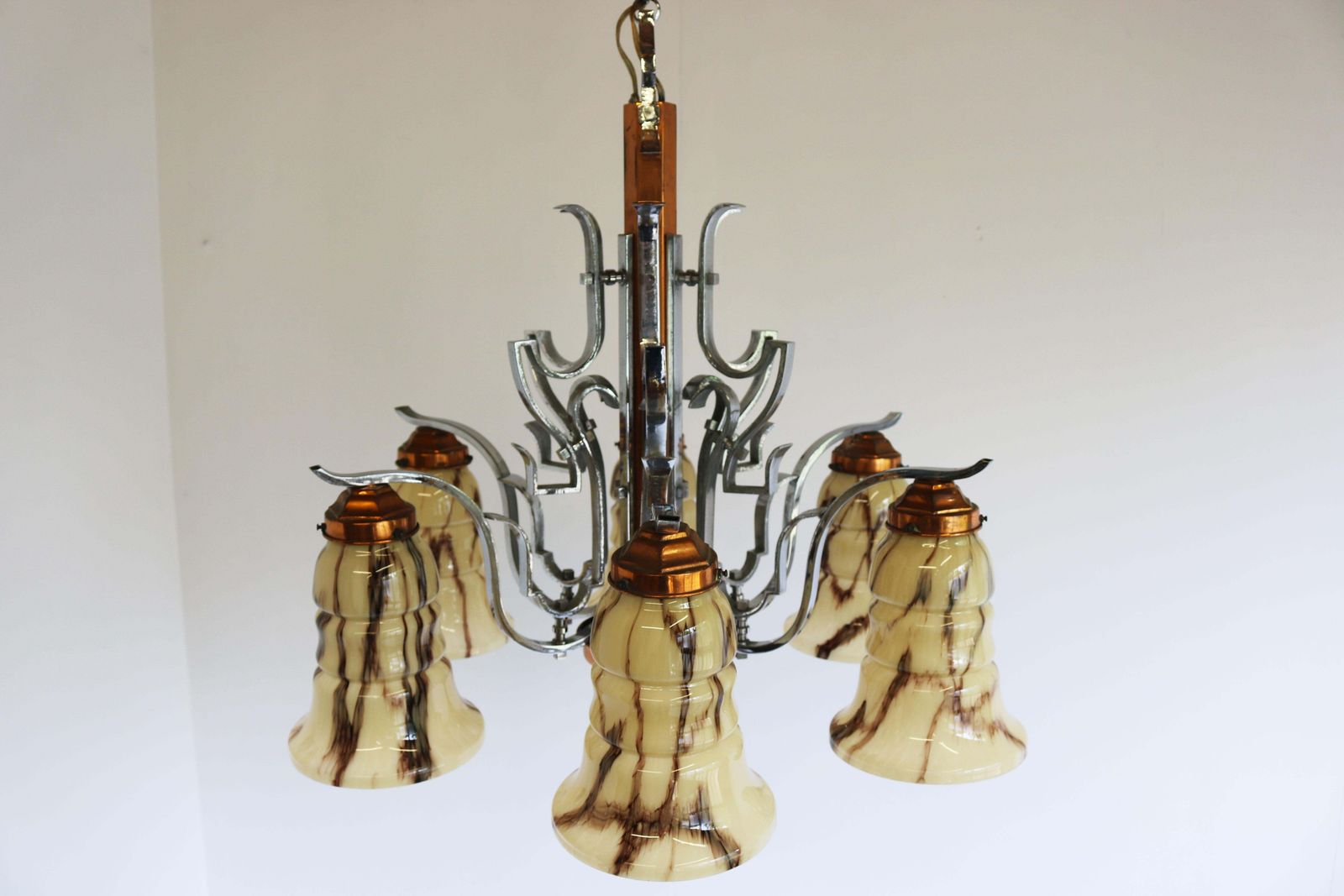 photo furniture Antique French Art Deco Chandelier 1930 Copper Chrome & Marbled Glass 6 Lights