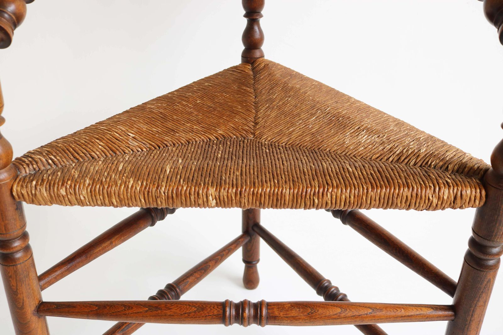 1445.0 Antique Edwardian Style Triangular Corner Chair Rush Seat Knitting Armchair 1900 photo