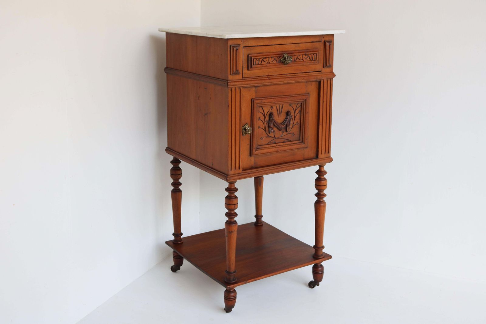 Antique Night Stand / Bedside Table 19th Century Fruitwood & Carrara Marble Top photo vinterior