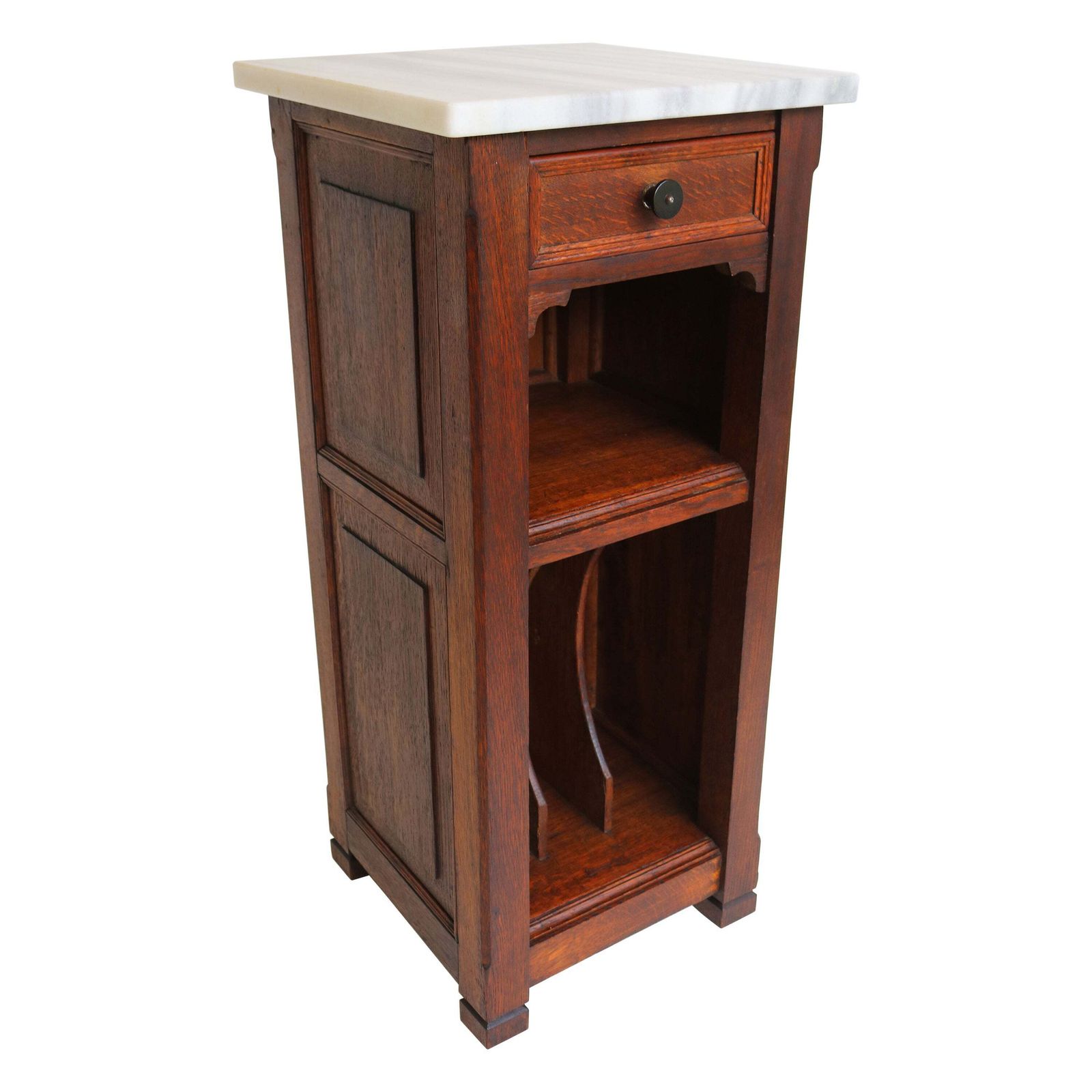 Antiek Frans Art Deco Nachtkastje / Platenkast, Ca. 1920, Massief Eiken Met Marmeren Blad