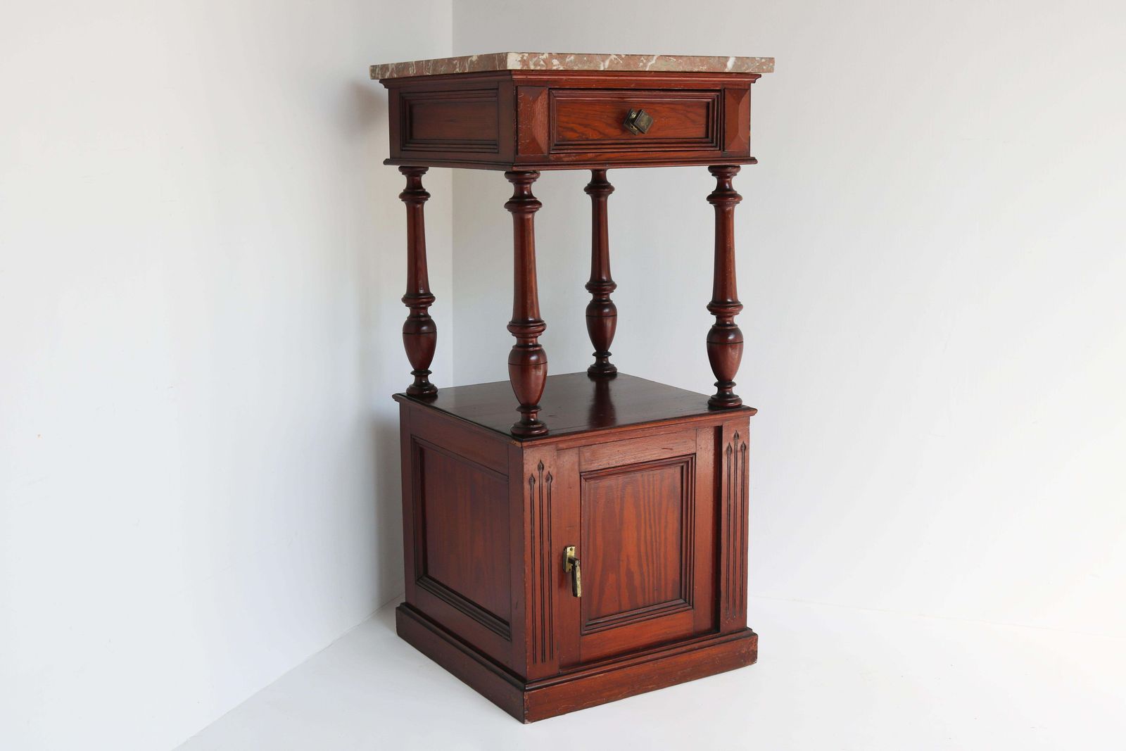 photo for sale Antique French Night Stand / Bedside Table Pitchpine Red Belgian Marble Top 1900