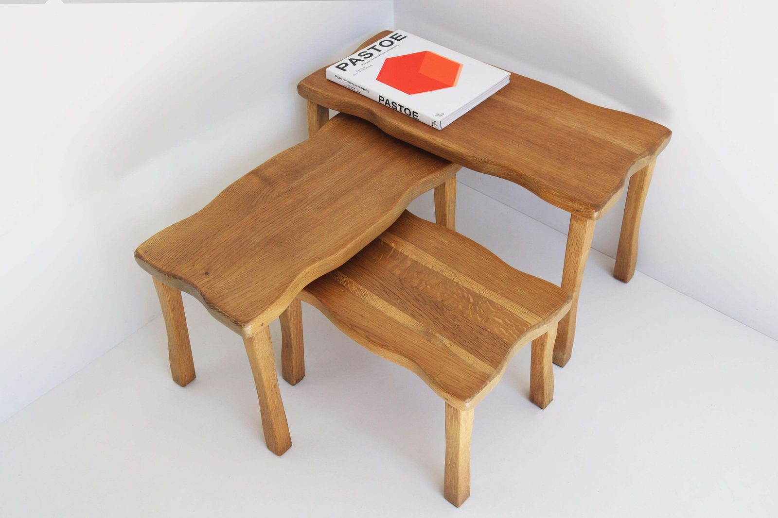 Set Of Brutalist Organic Nesting Tables Solid Oak European Free Form 1960 France photo Furniture