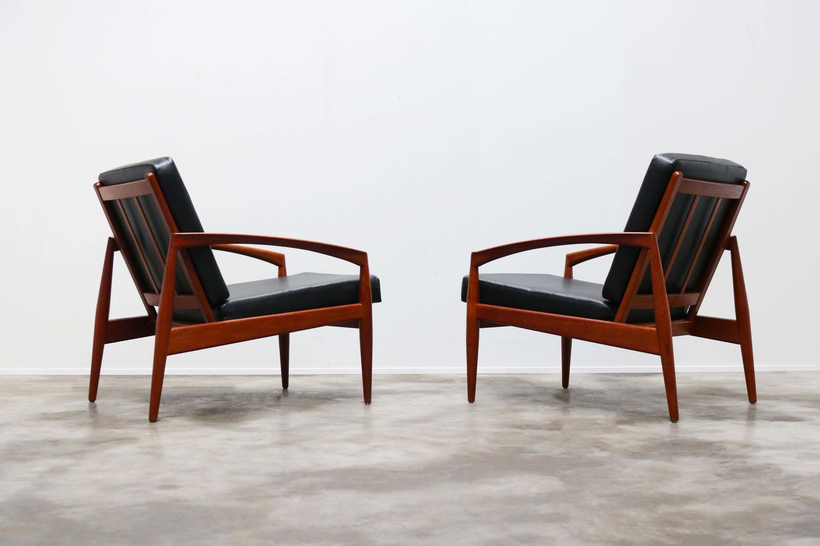 Pair Of Danish Design Paper Knife Lounge Chairs By Kai Kristiansen In Teak Black photo vintage