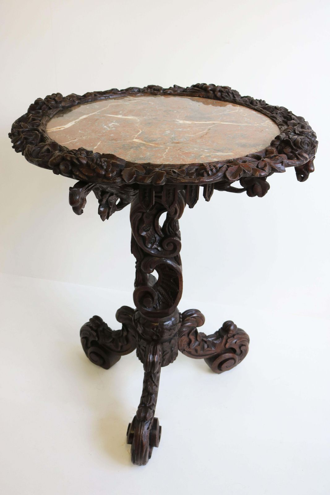 Antique Black Forest 19th Century Side / End Table Hunt Carved Oak & Marble Top photo for sale