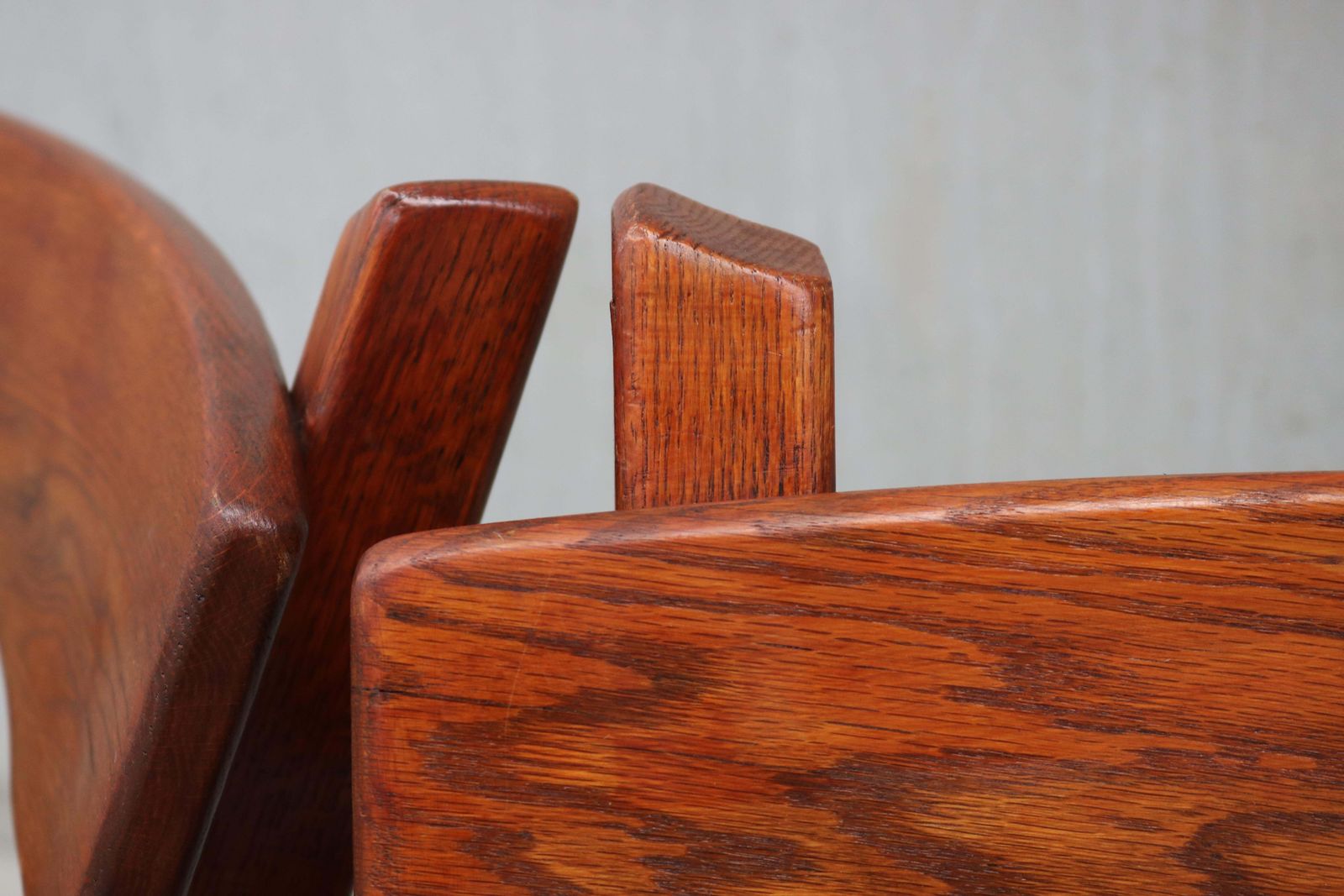 Pair Of Low Mid Century Design Brutalist Lounge Chairs / Arm Chairs In Solid Oak photo vinterior