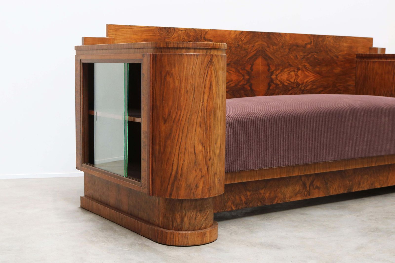 Dutch Art Deco Design Sofa By Pander 1930 Walnut Burl Wood With Display Cabinets photo buy