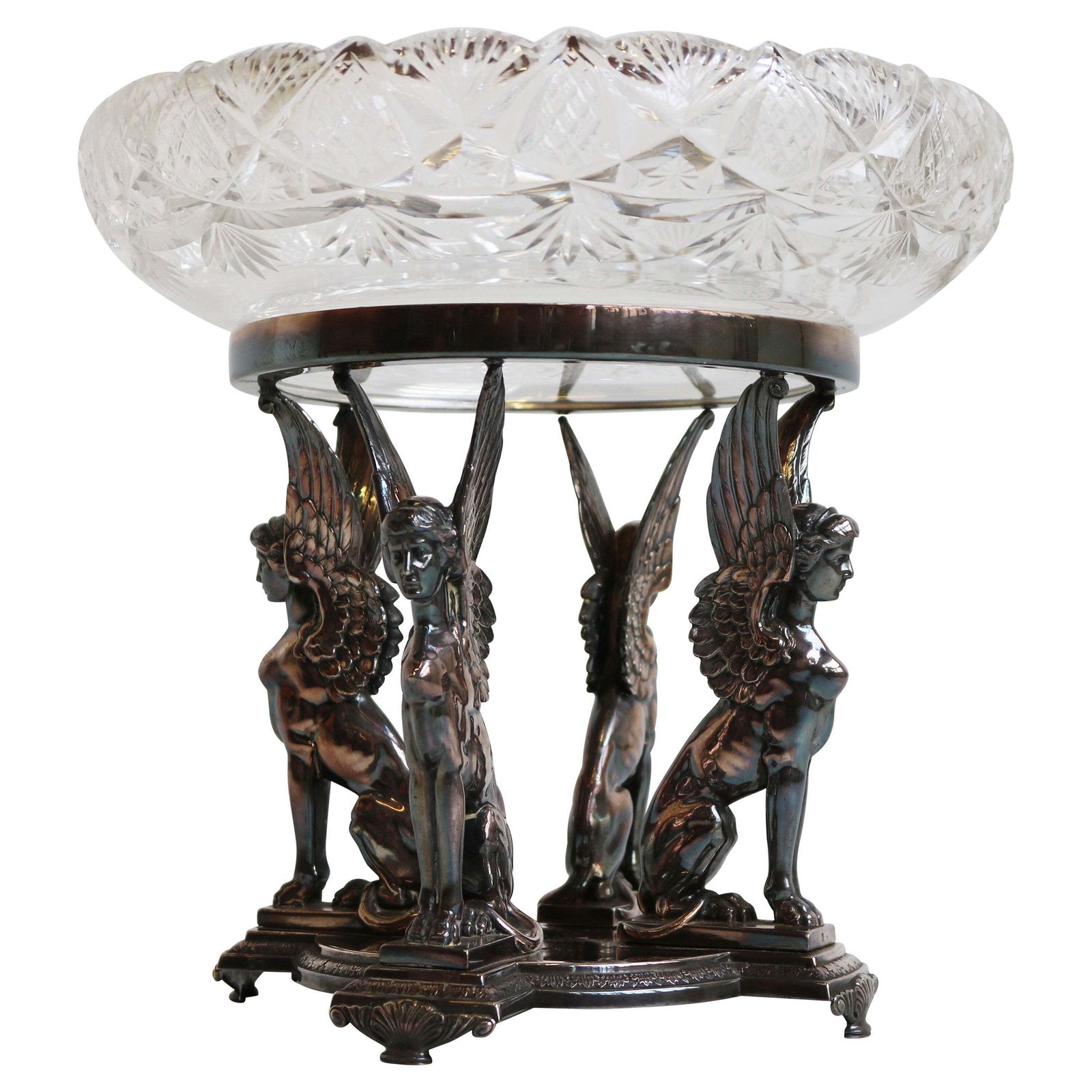 Antiek Wmf Art Nouveau Tafelstuk, Verzilverd Met Kristallen Glazen Schaal – Egyptian Revival