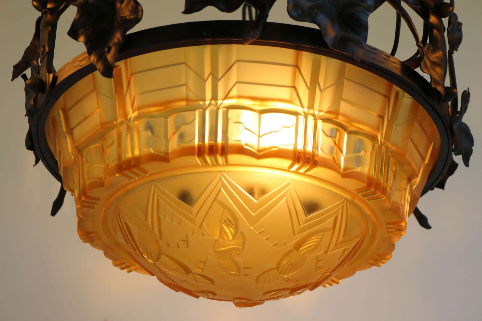 French Antique Wrought Iron Art Deco Chandelier 1930 Cut Glass Geometric Muller photo Lighting