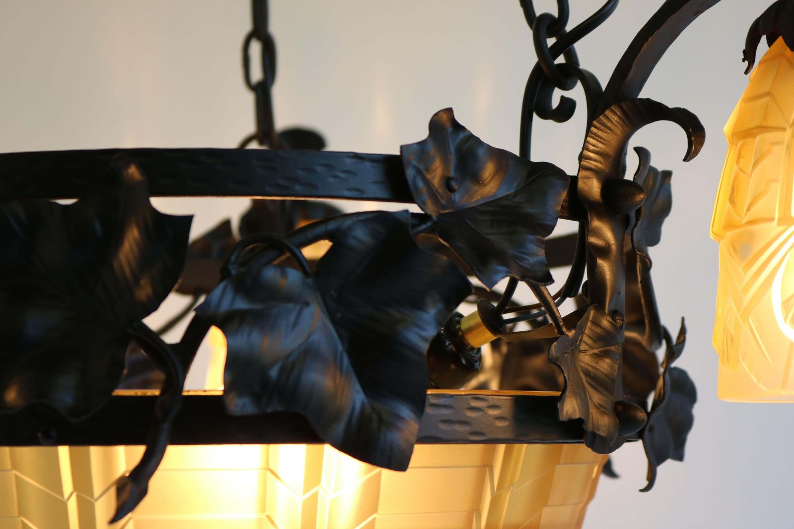 French Antique Wrought Iron Art Deco Chandelier 1930 Cut Glass Geometric Muller photo 2298.0