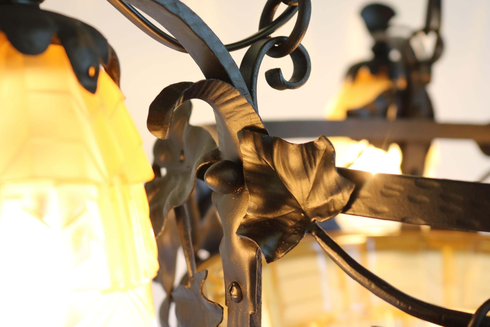 French Antique Wrought Iron Art Deco Chandelier 1930 Cut Glass Geometric Muller photo buy