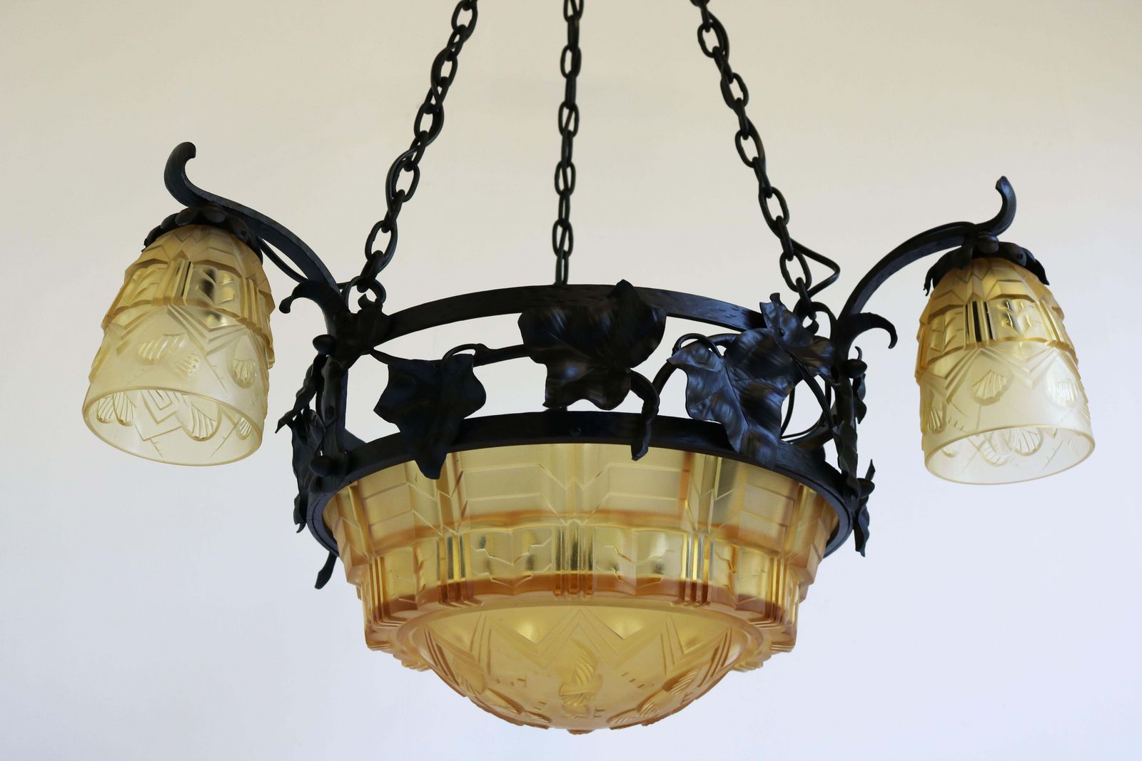 photo furniture French Antique Wrought Iron Art Deco Chandelier 1930 Cut Glass Geometric Muller
