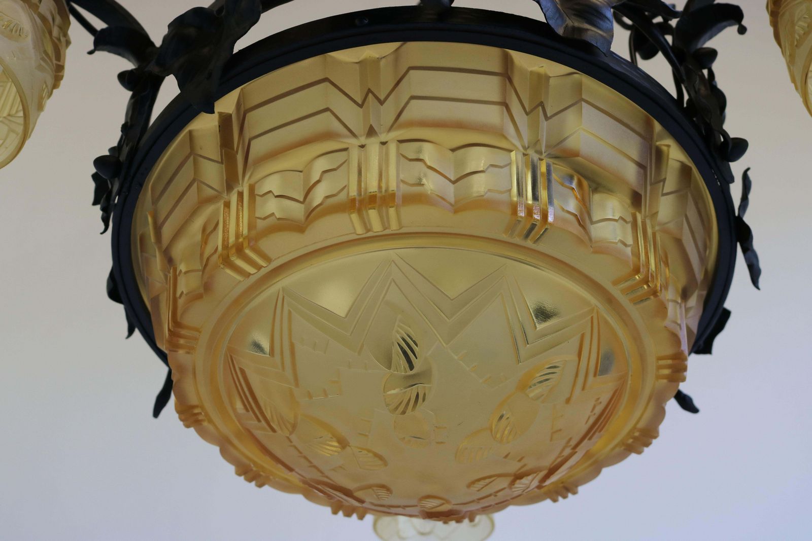 2298.0 French Antique Wrought Iron Art Deco Chandelier 1930 Cut Glass Geometric Muller photo