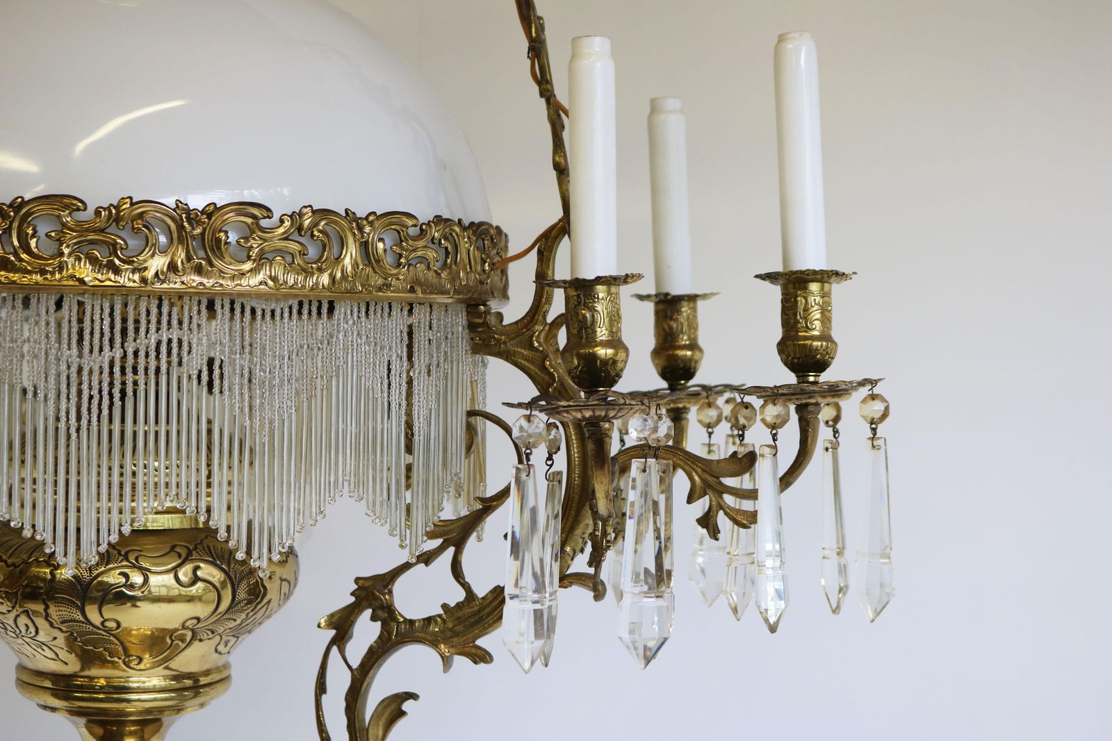 Antique French 19th Century Victorian Oil Lamp Chandelier Brass Opaline Hanging photo 3321.0