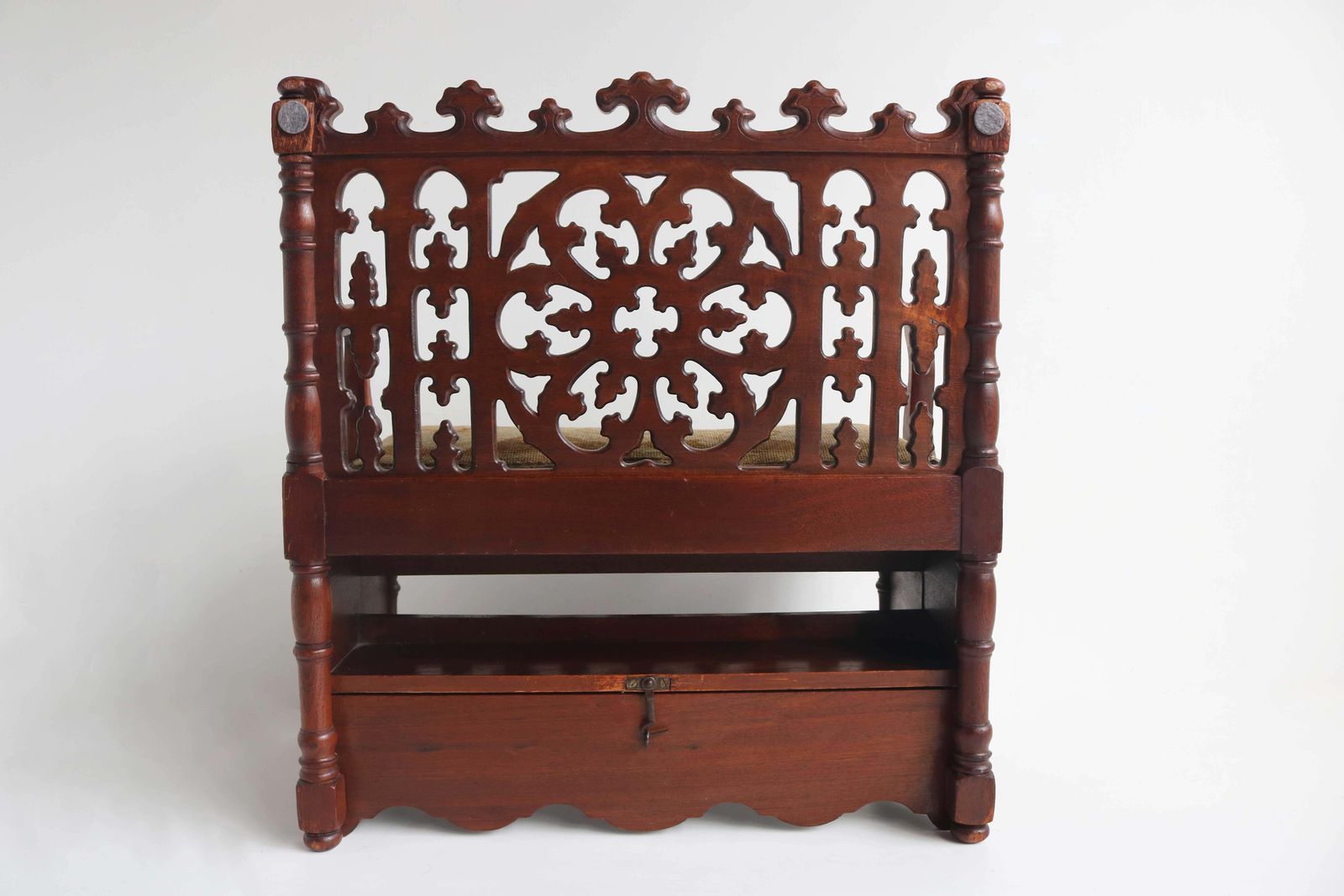 Petite Antique French Gothic Revival Wood Hall Bench Child Settle Library Steps photo vintage