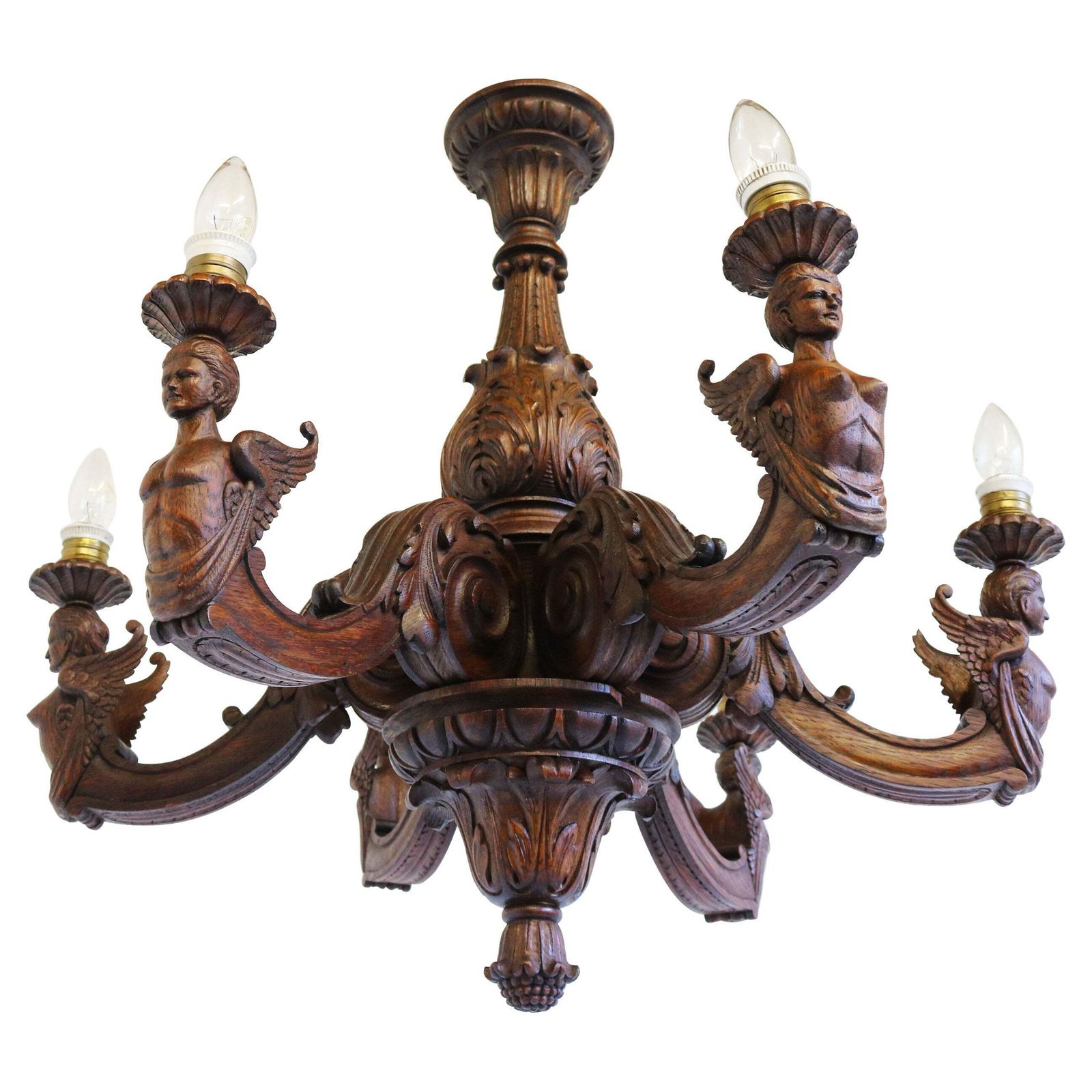 Antieke Empire 19e Eeuwse Houten Gesculpteerde Kroonluchter, Frankrijk, Massief Eiken, 6 Lichten