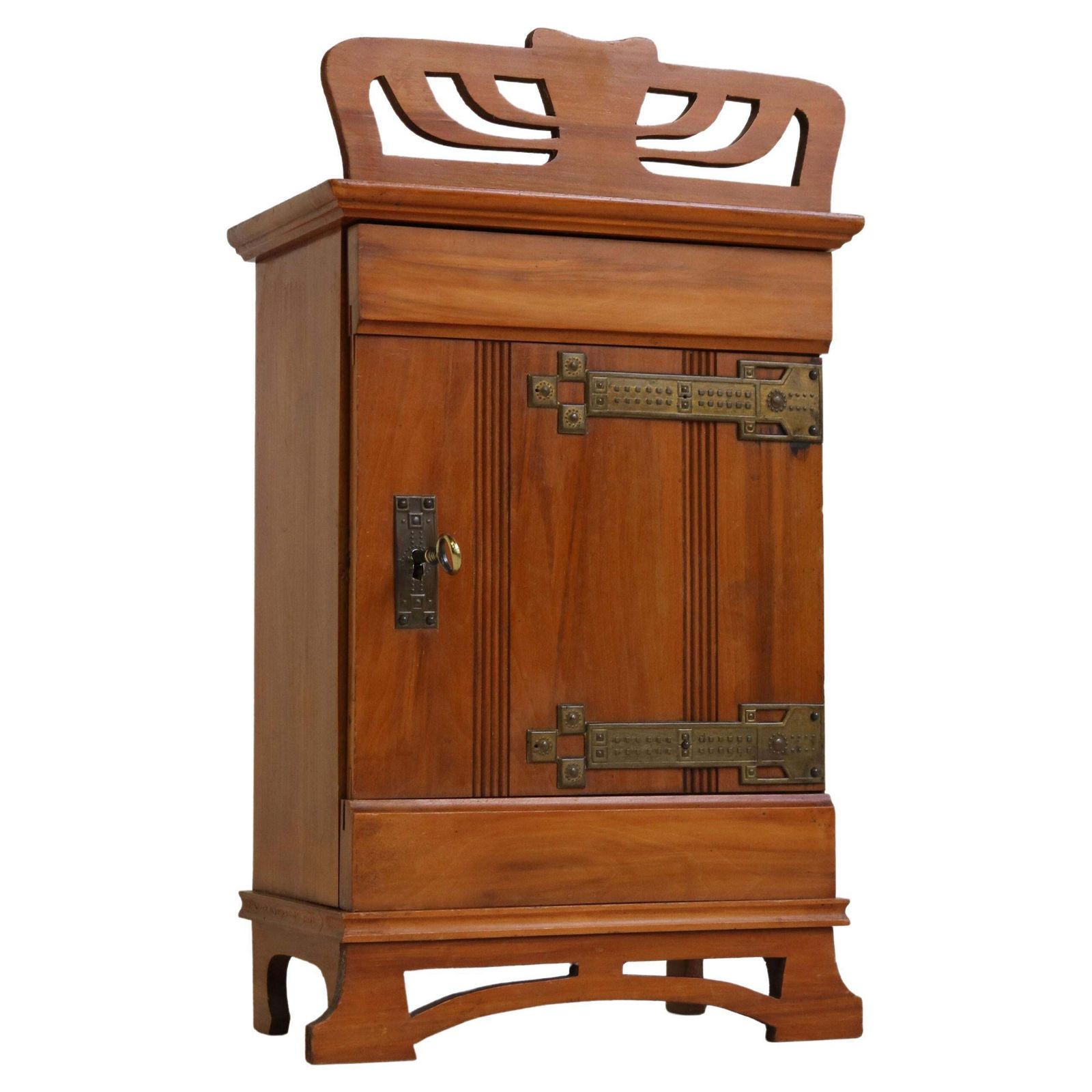 Dutch Antique 1910 Art Nouveau / Jugendstil Wall Cabinet In Cherry Wood Brass