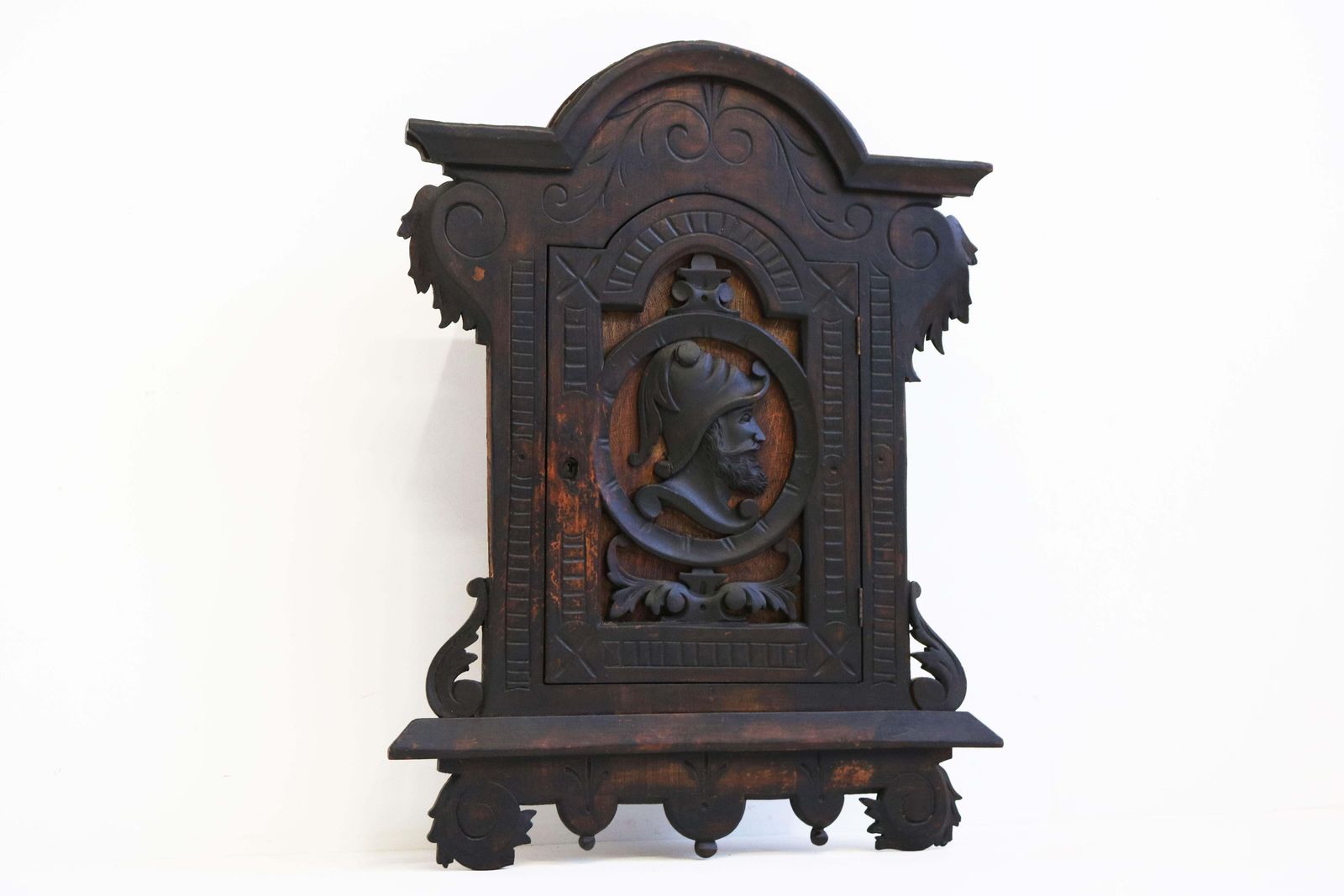 Antique 19th Century Spanish Wall Cabinet With Knight Dark Patina Classical photo furniture