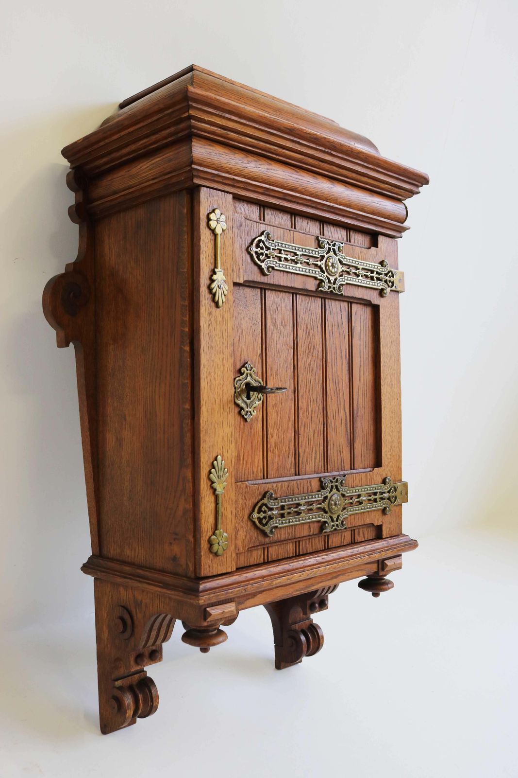 1702.0 Antique Arts And Crafts Hand Carved Small Wall Cabinet European Oak Brass, 1900s photo