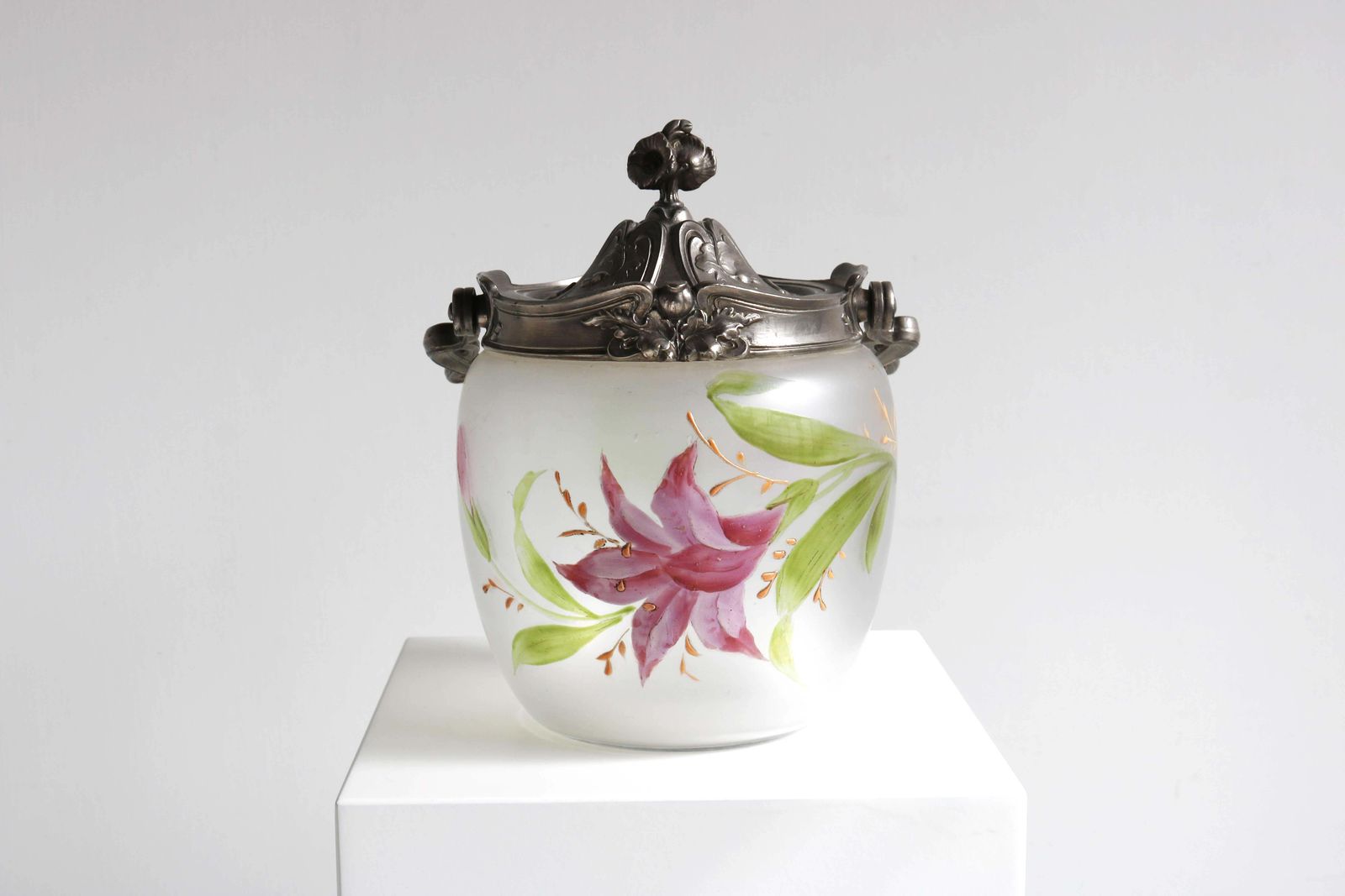 Antique Floral Hand Painted Enameled Glass Biscuit Box, Art Nouveau, France photo vintage