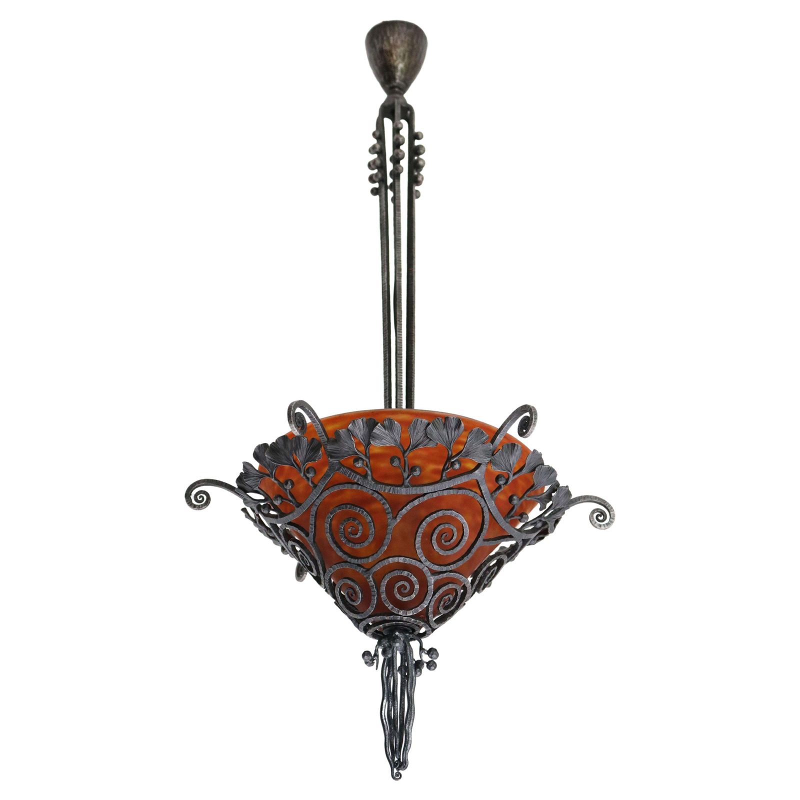 French Art Deco Wrought Iron Chandelier By Edgar Brandt & Daum Nancy 1920 Glass