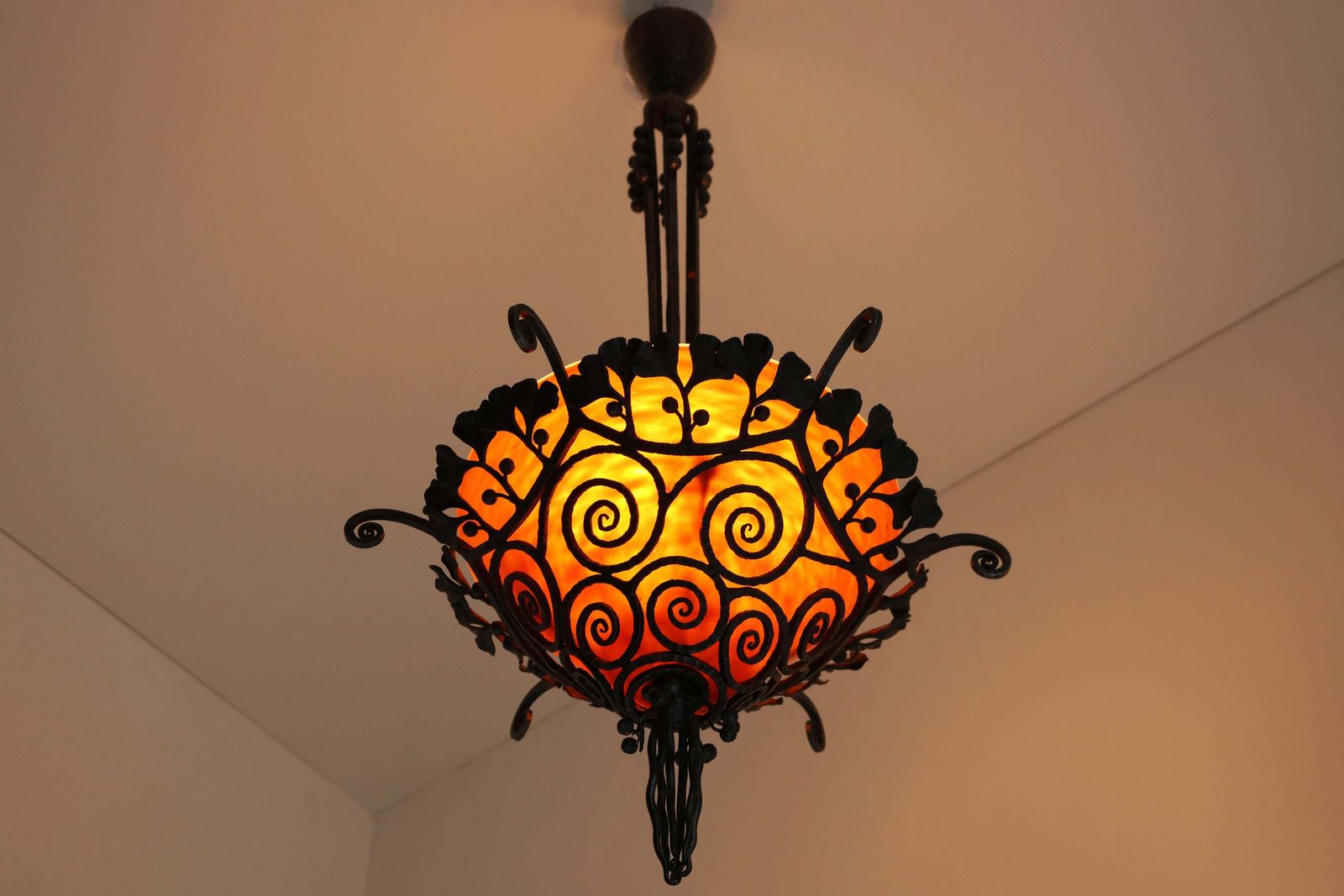 photo furniture French Art Deco Wrought Iron Chandelier By Edgar Brandt & Daum Nancy 1920 Glass