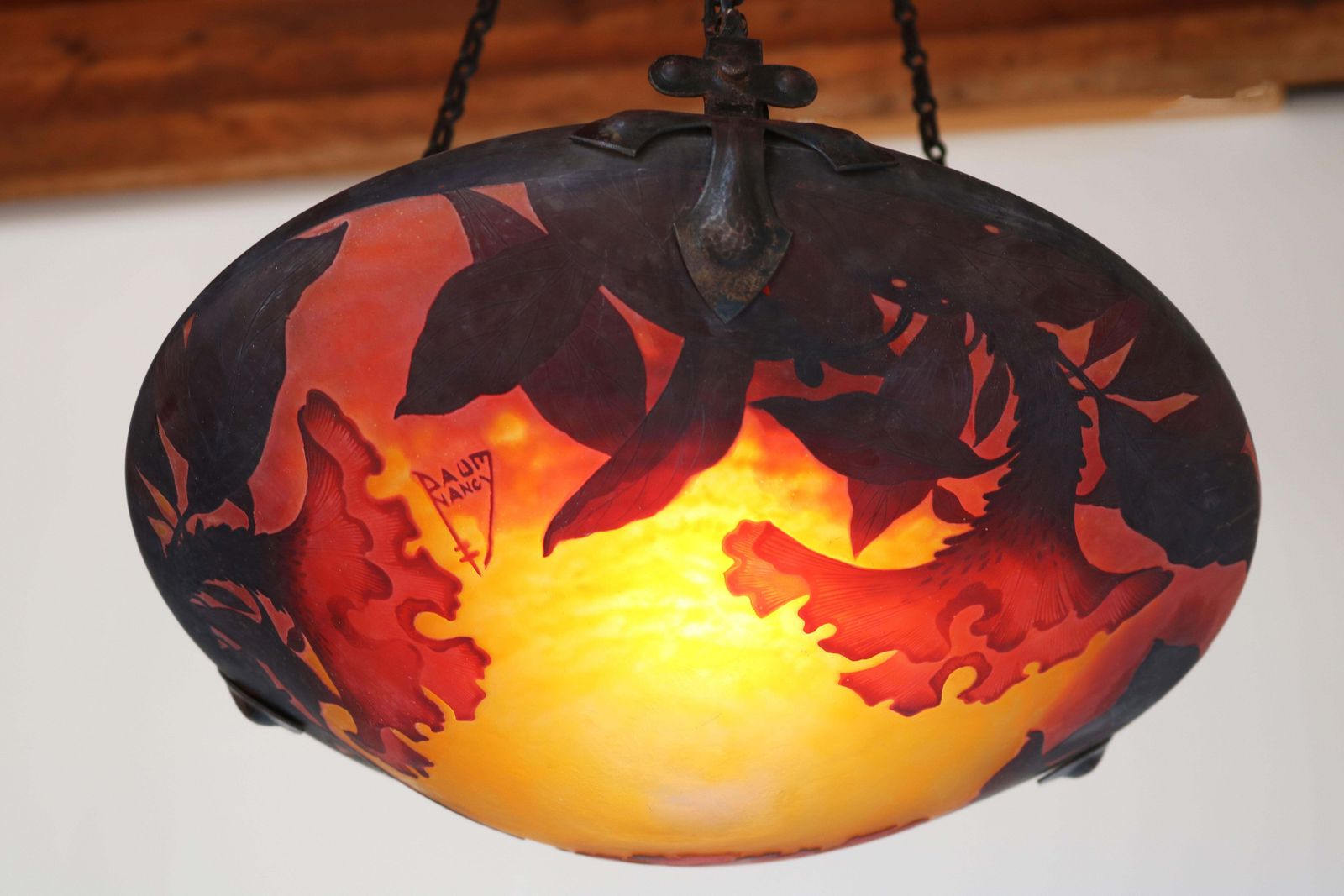 Franse Daum Nancy 1910 Art Nouveau Hanglamp / Pendel A2 Cameo Floraal photo Verlichting