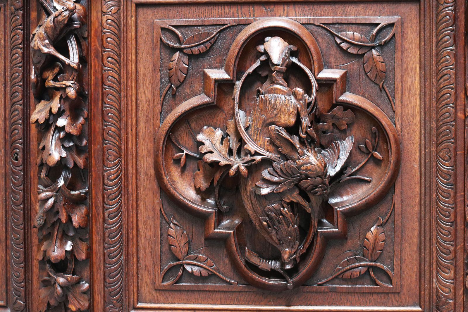 Monumental Hunt Cabinet 19th Century Carved Oak Black Forest French Renaissance photo vintage