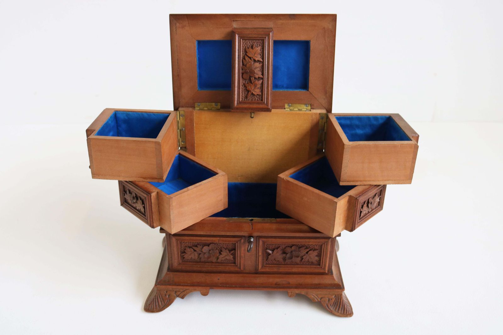 Antique 19th Century Swiss Black Forest Jewelry Box Fruitwood Birds Band Carved photo for sale