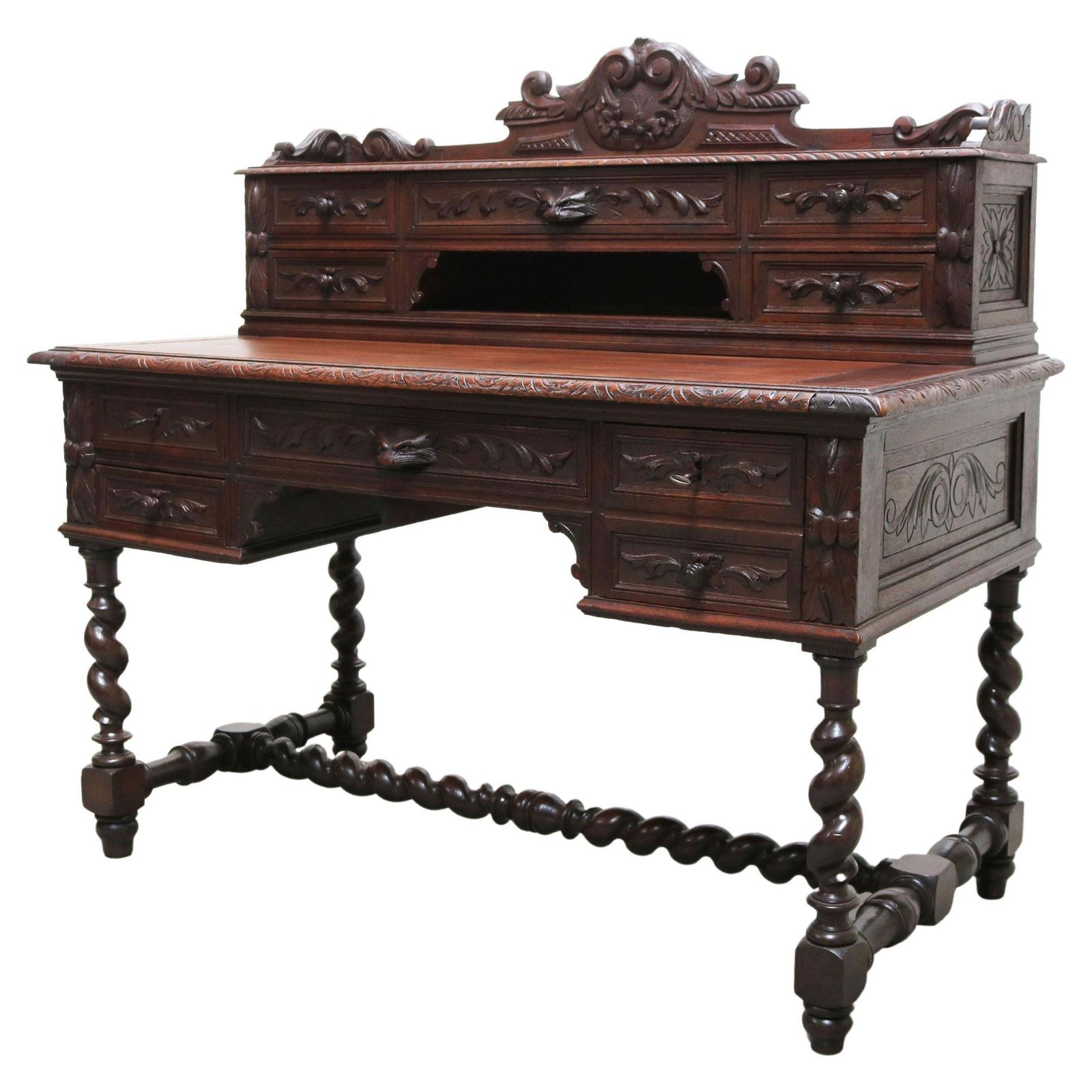 Antiek Frans Renaissance Revival Jachtbureau / Secrétaire Met Gedraaide Kolommen, Eiken, 19e Eeuw